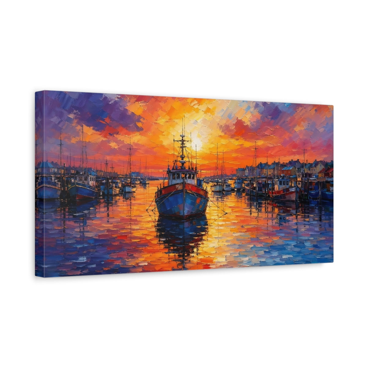 Side Mockup 3. Nature Fishing Boats Harbor Sunset shown as stretched canvas wall art