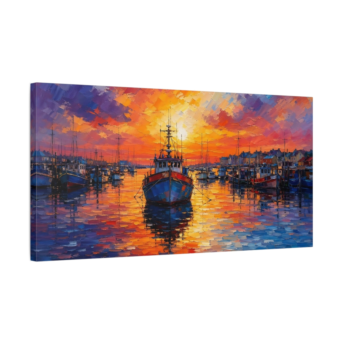 Side Mockup 1. Nature Fishing Boats Harbor Sunset shown as stretched canvas wall art