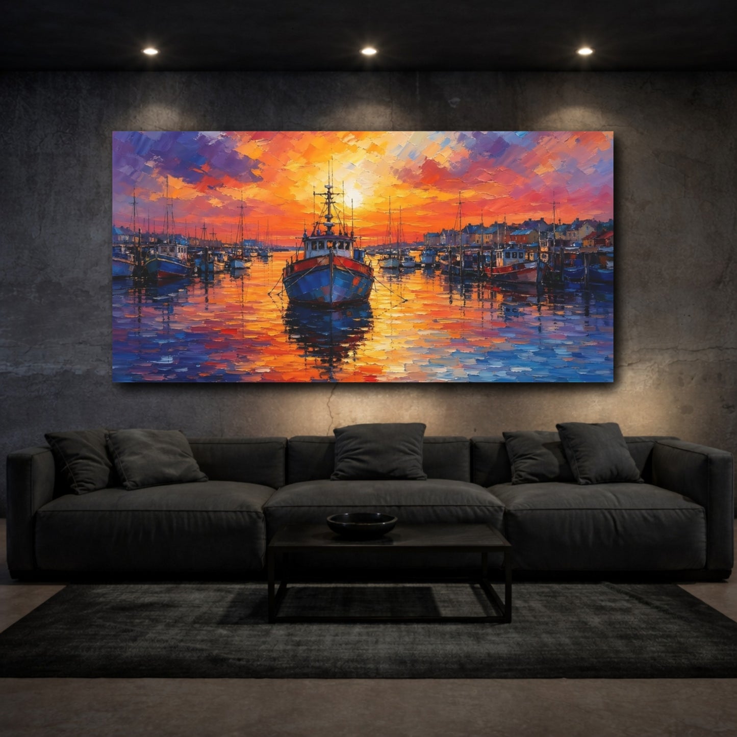Mockup 2. Nature Fishing Boats Harbor Sunset shown as stretched canvas wall art
