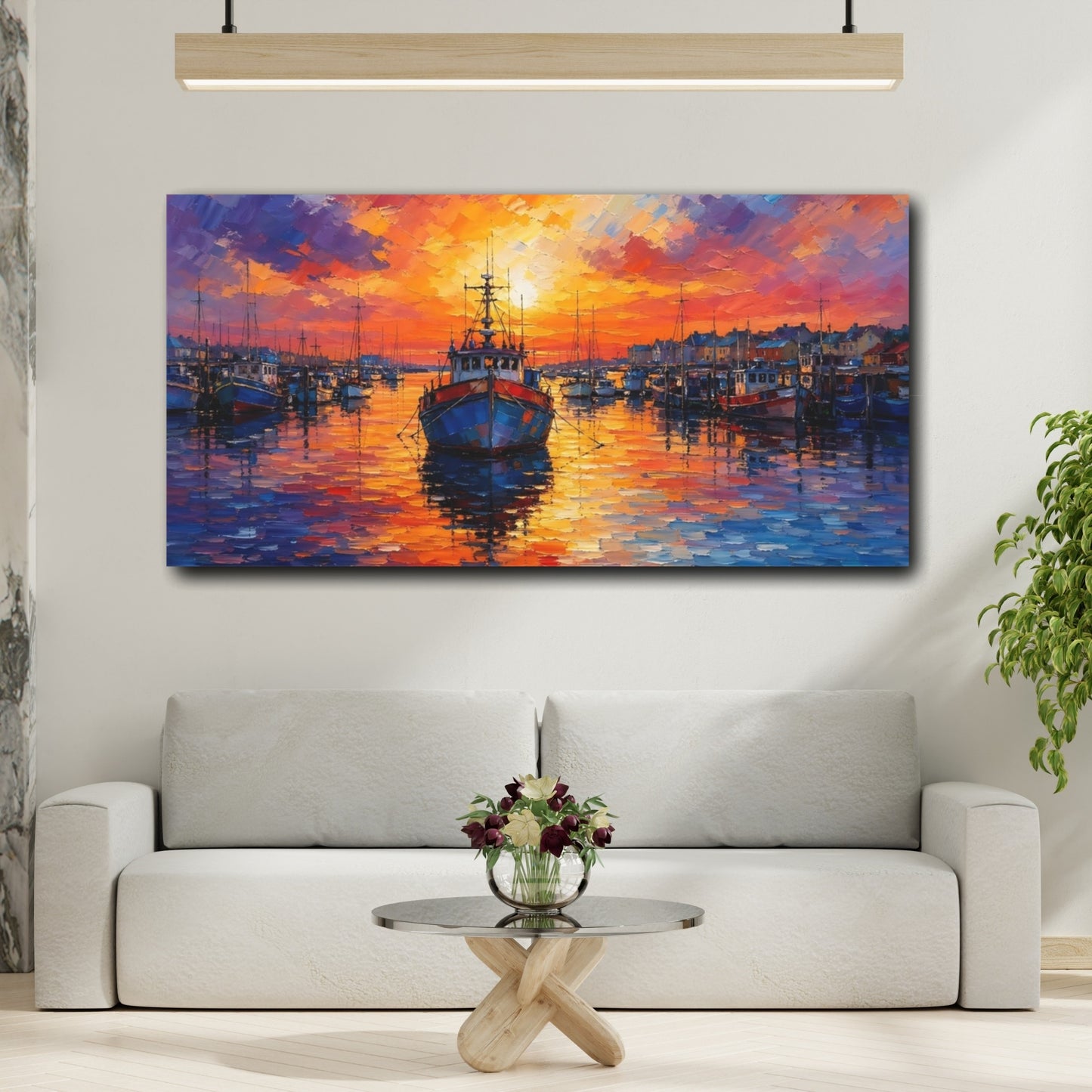 Mockup 3. Nature Fishing Boats Harbor Sunset shown as stretched canvas wall art