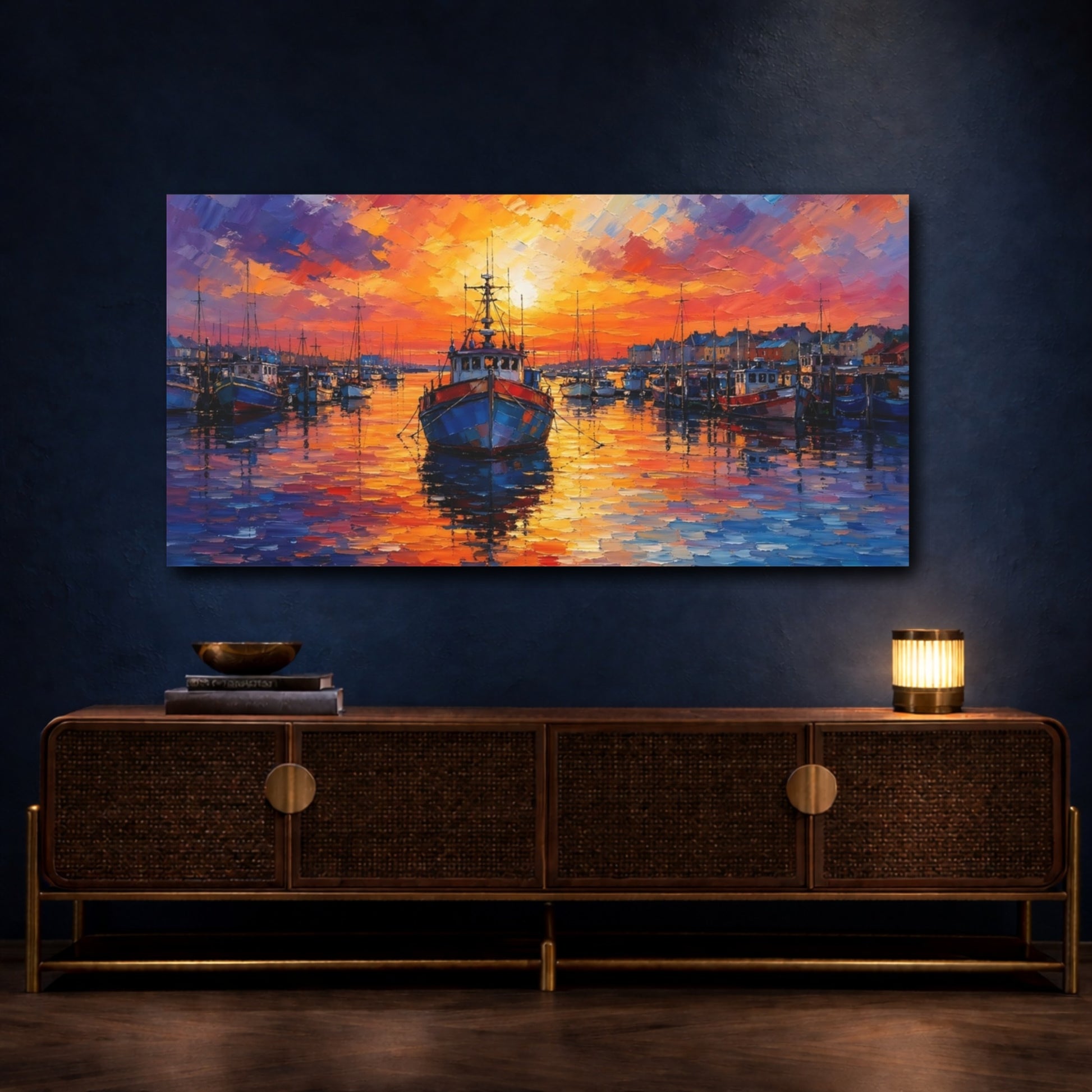 Mockup 4. Nature Fishing Boats Harbor Sunset shown as stretched canvas wall art