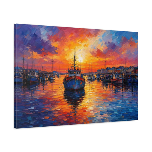 Main Mockup. Nature Fishing Boats Vibrant Sunset Harbor shown as stretched canvas wall art