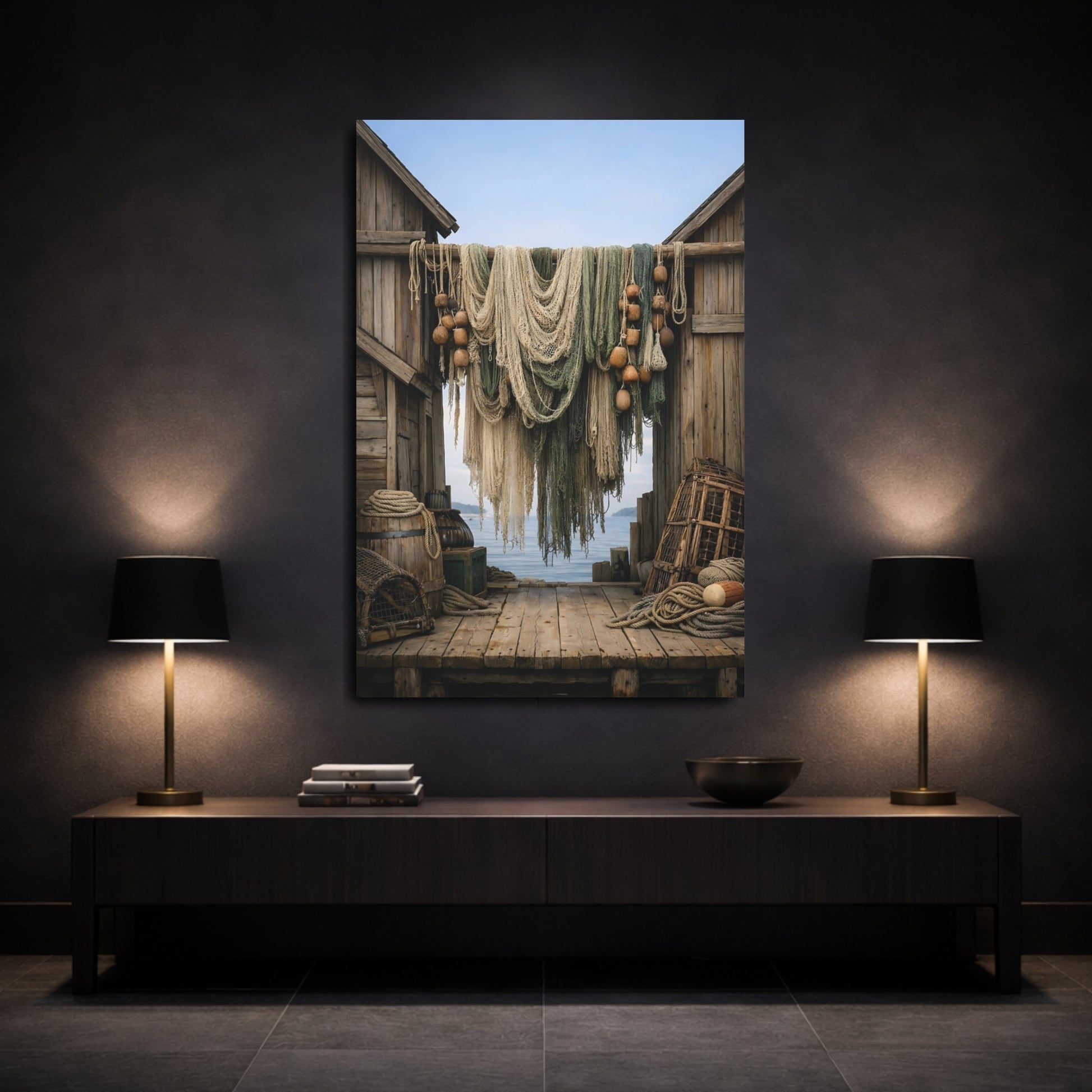 Mockup 2. Nature Fishing Nets Coastal Fishing Scene shown as stretched canvas wall art