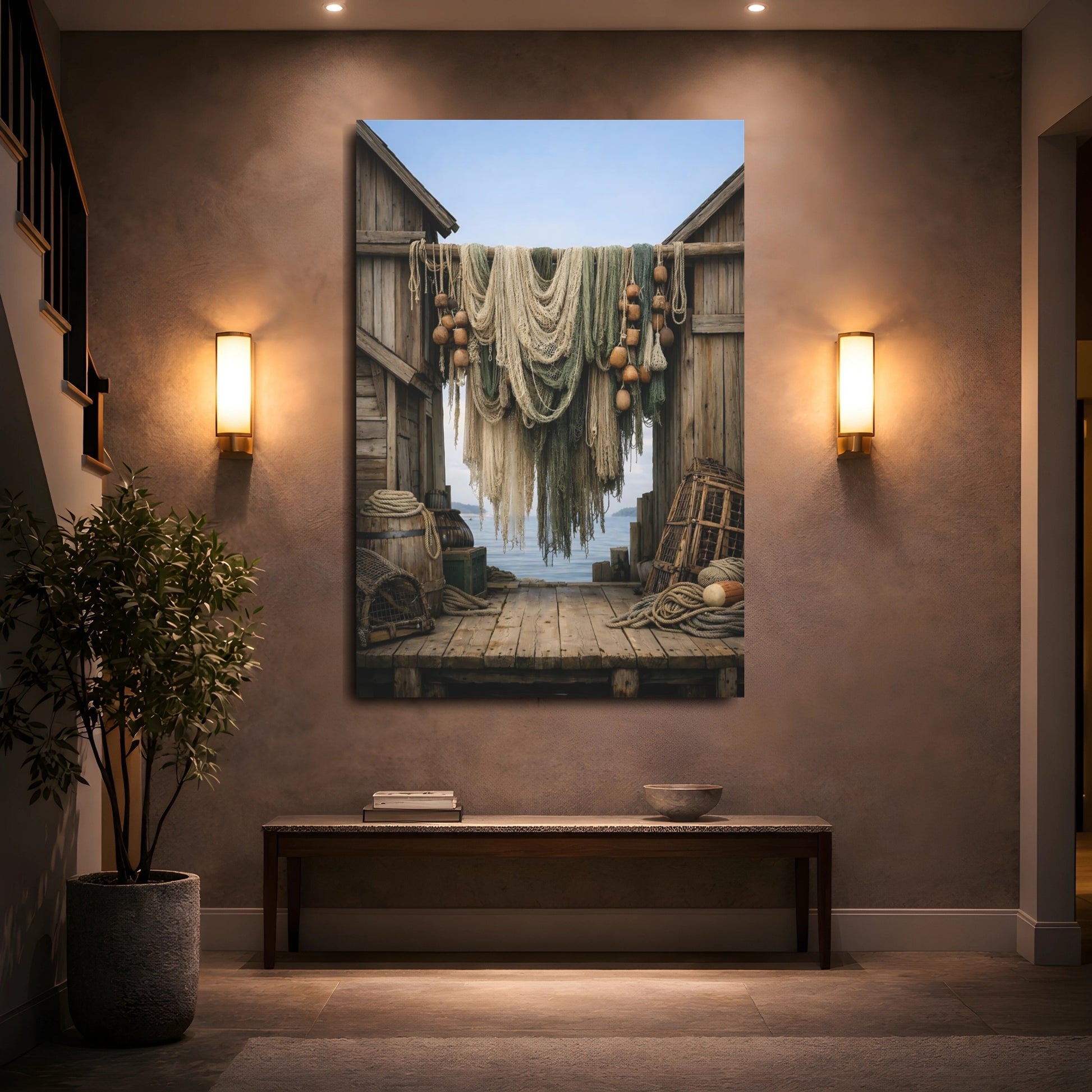 Mockup 4. Nature Fishing Nets Coastal Fishing Scene shown as stretched canvas wall art