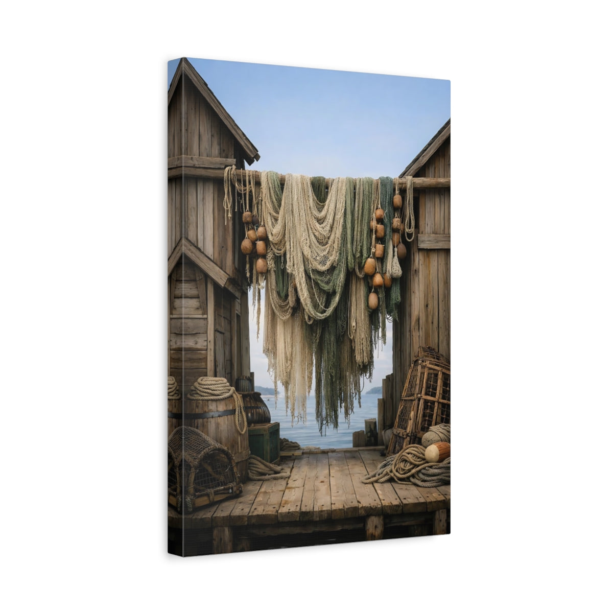 Side Mockup 4. Nature Fishing Nets Coastal Fishing Scene shown as stretched canvas wall art