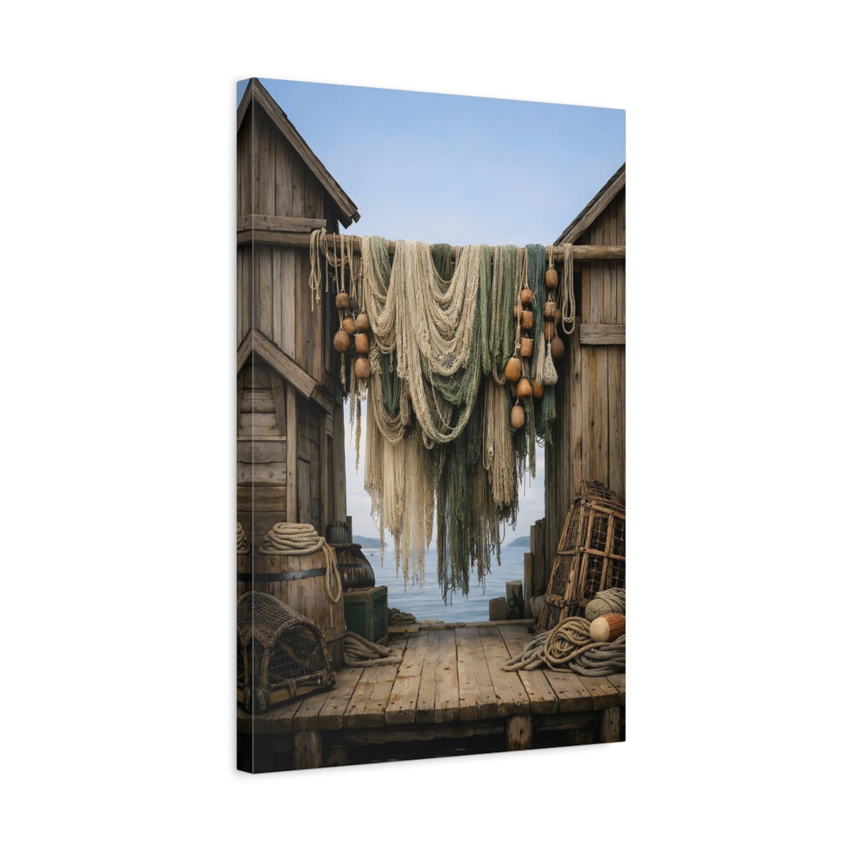 Side Mockup 3. Nature Fishing Nets Coastal Fishing Scene shown as stretched canvas wall art