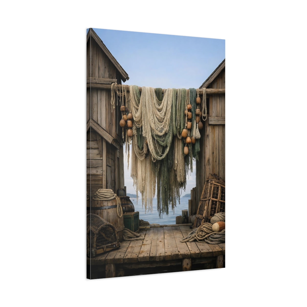Side Mockup 1. Nature Fishing Nets Coastal Fishing Scene shown as stretched canvas wall art