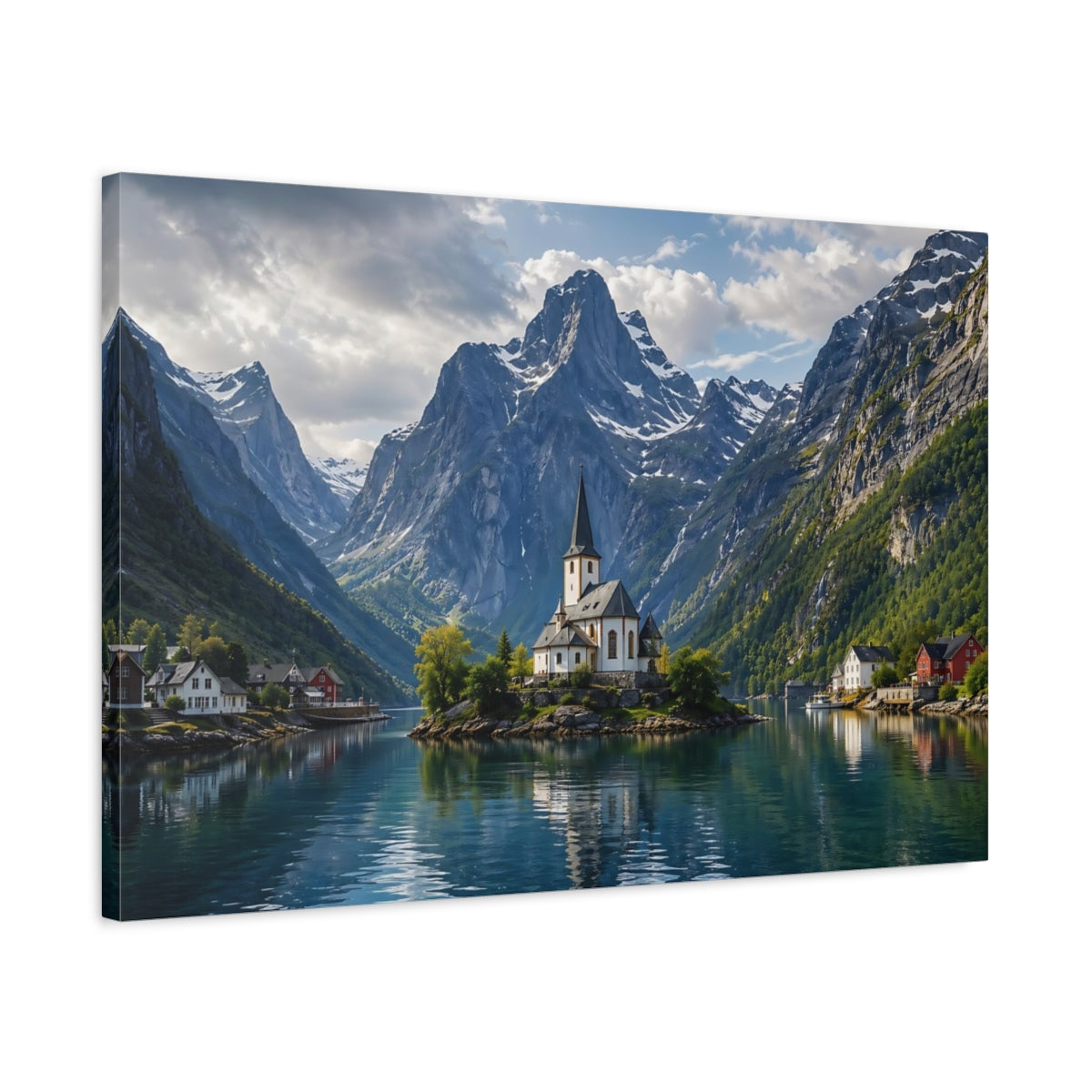 Side Mockup 2. Nature Fjord Church Mountain Fjord Blue shown as stretched canvas wall art