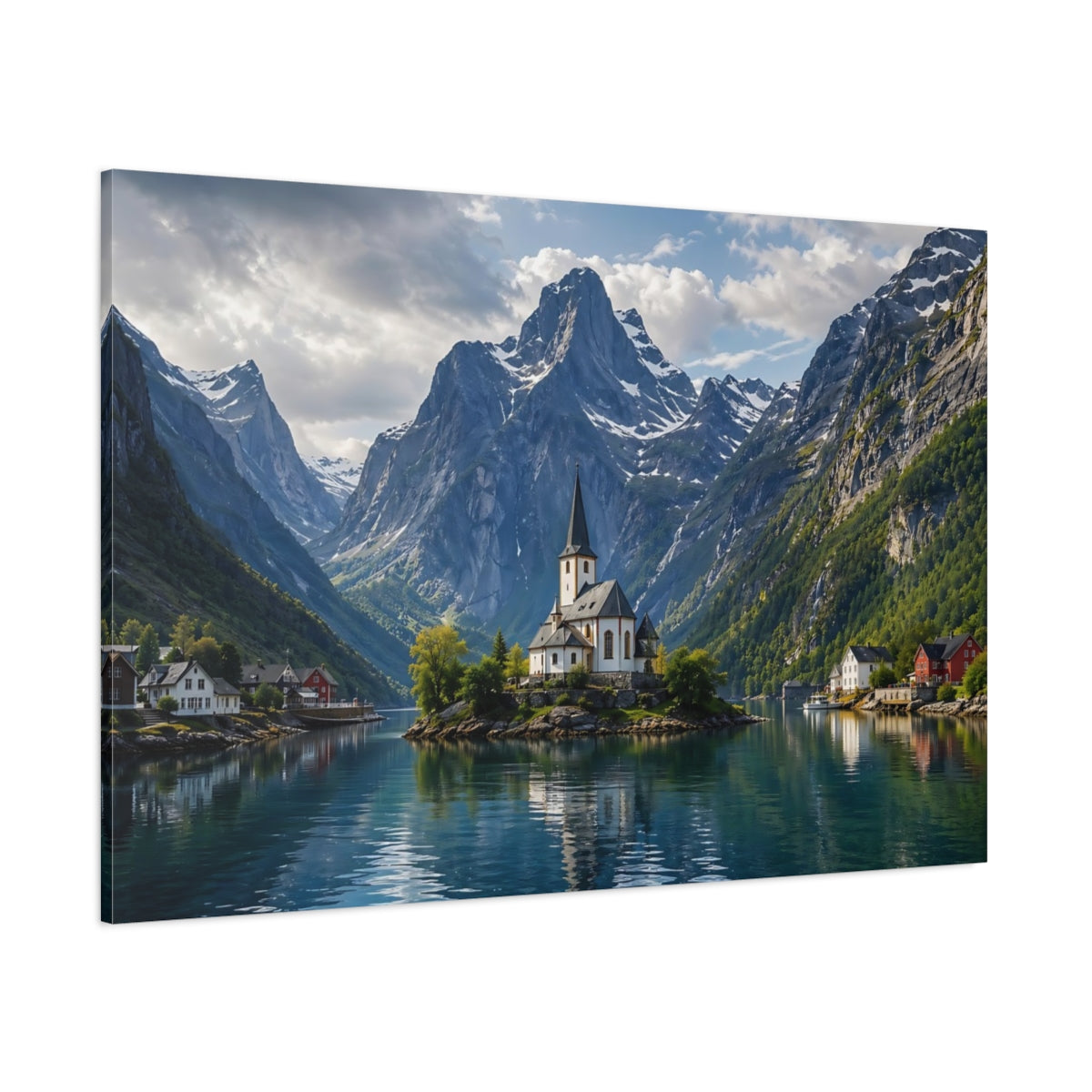 Side Mockup 1. Nature Fjord Church Mountain Fjord Blue shown as stretched canvas wall art