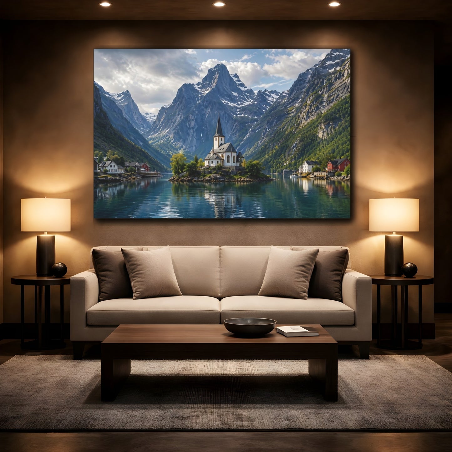 Mockup 2. Nature Fjord Church Mountain Fjord Blue shown as stretched canvas wall art