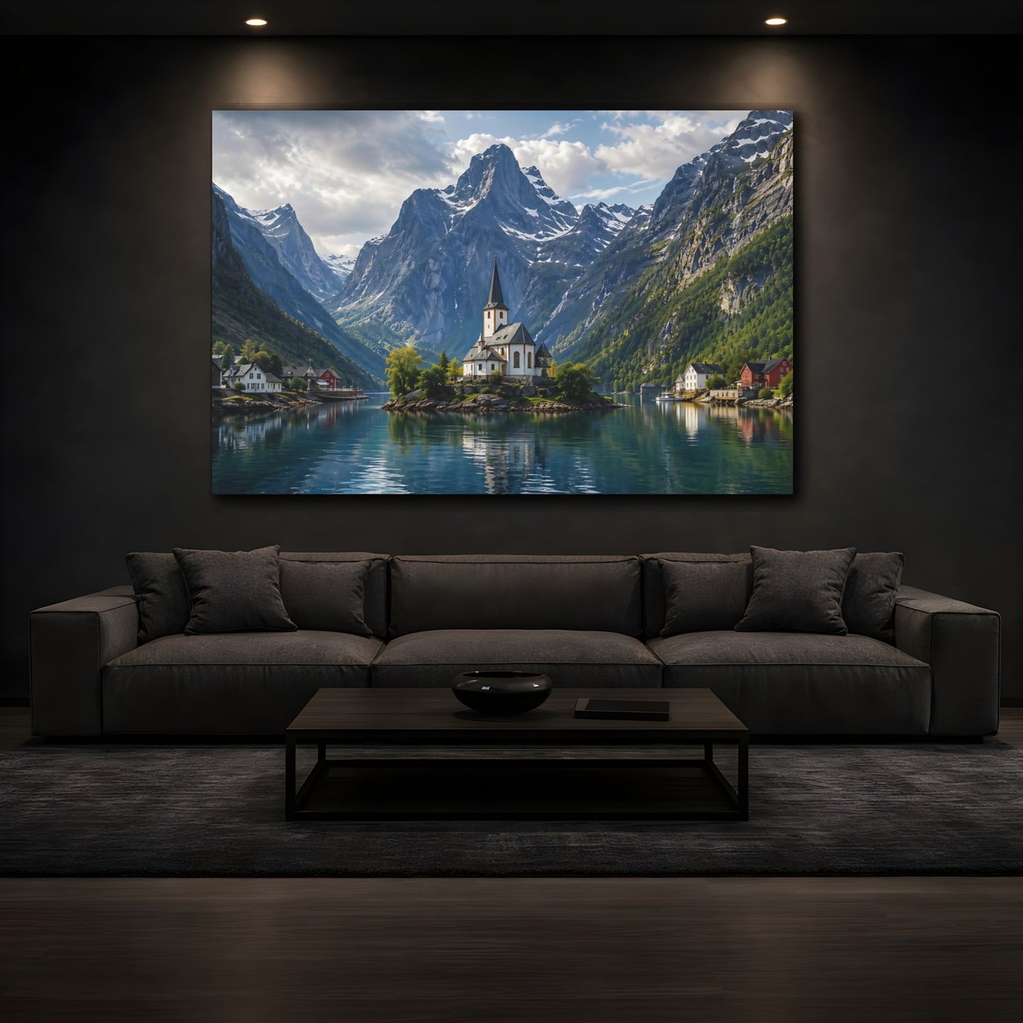 Mockup 3. Nature Fjord Church Mountain Fjord Blue shown as stretched canvas wall art
