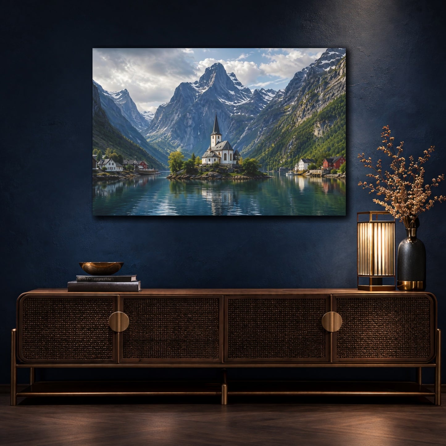 Mockup 4. Nature Fjord Church Mountain Fjord Blue shown as stretched canvas wall art