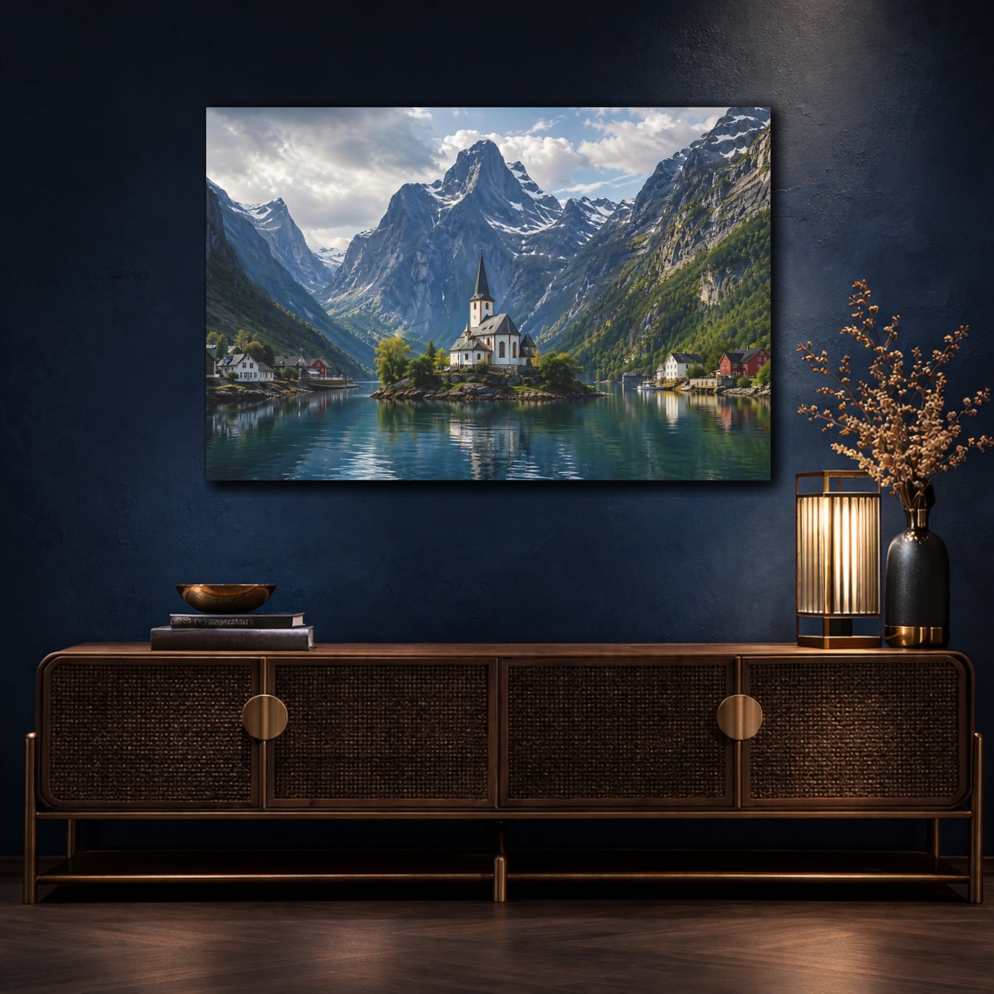 Mockup 4. Nature Fjord Church Mountain Fjord Blue shown as stretched canvas wall art