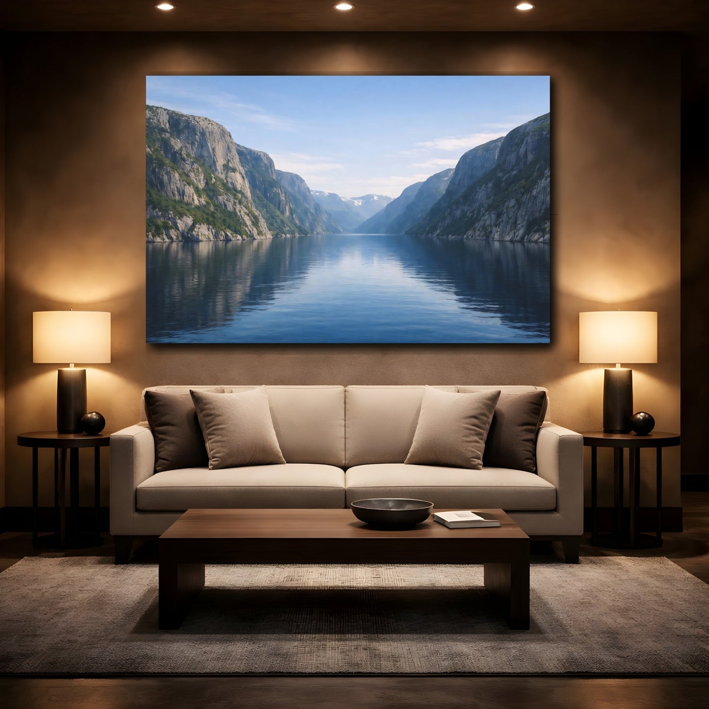 Mockup 3. Nature Fjord Landscape Blue Fjord Landscape shown as stretched canvas wall art