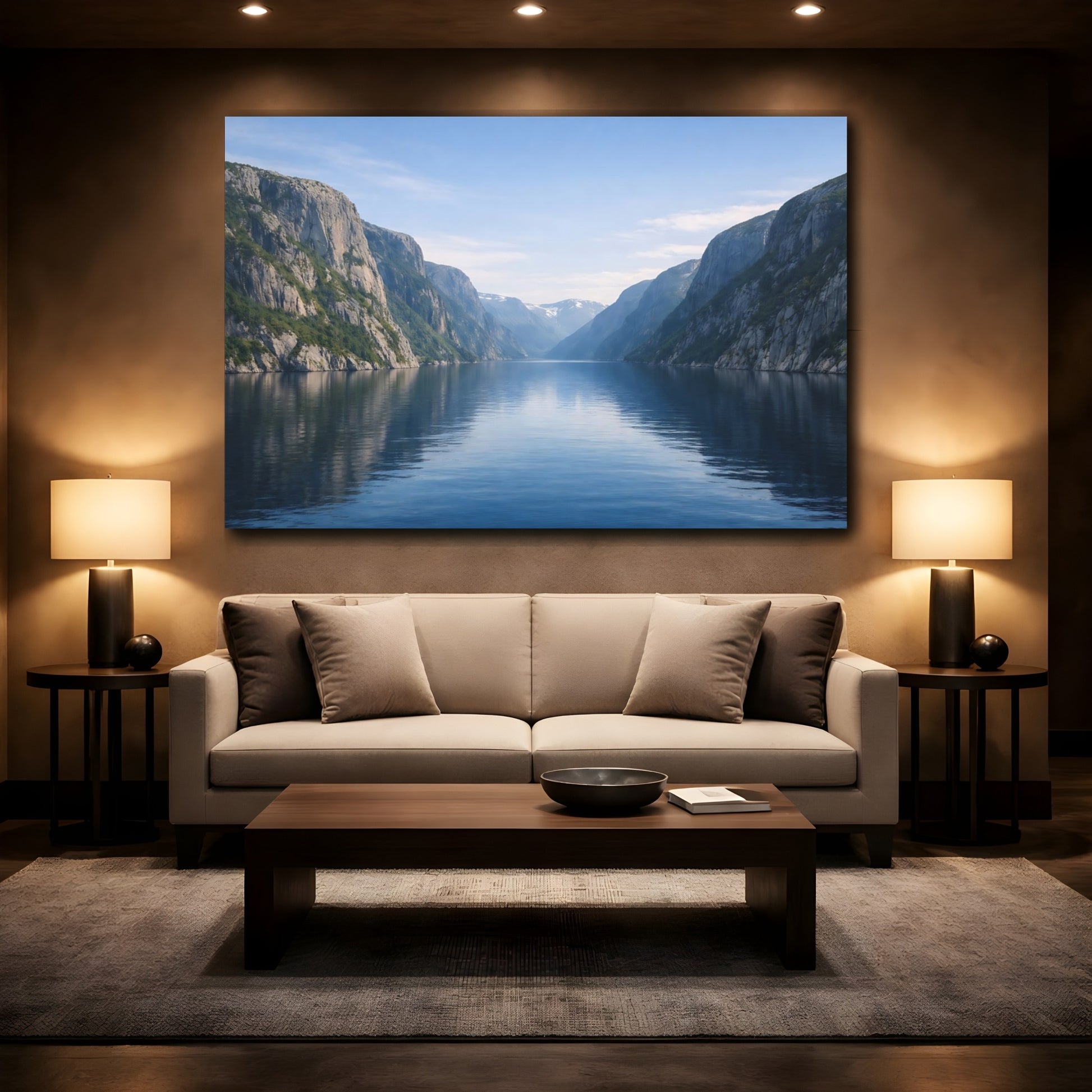 Mockup 3. Nature Fjord Landscape Blue Fjord Landscape shown as stretched canvas wall art
