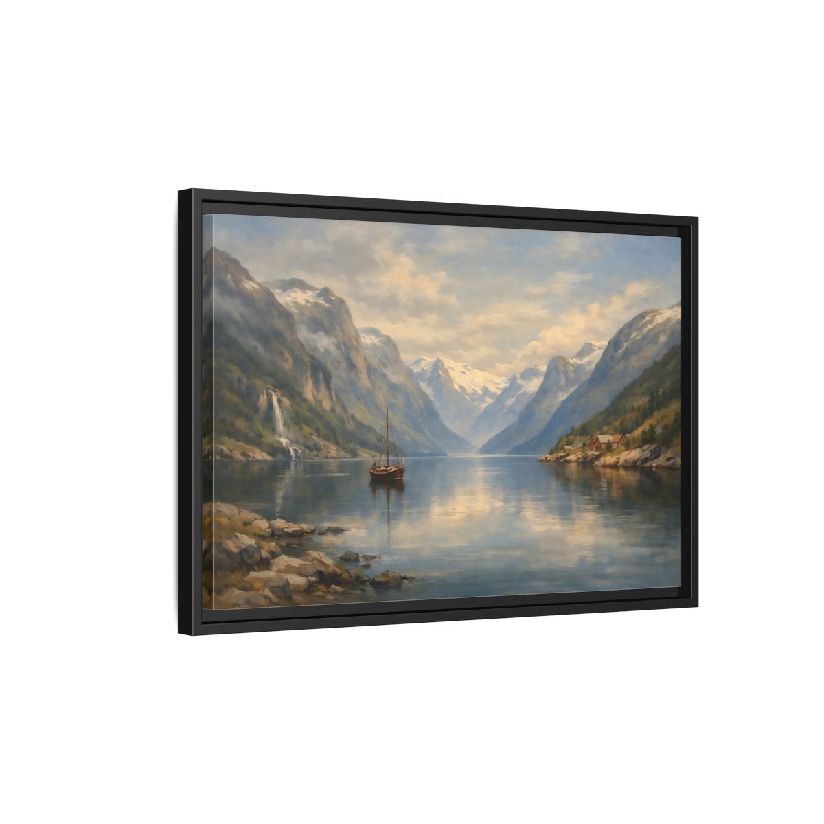 Side Mockup 3. Nature Fjord Landscape Fjord Landscape Blue shown as stretched canvas wall art