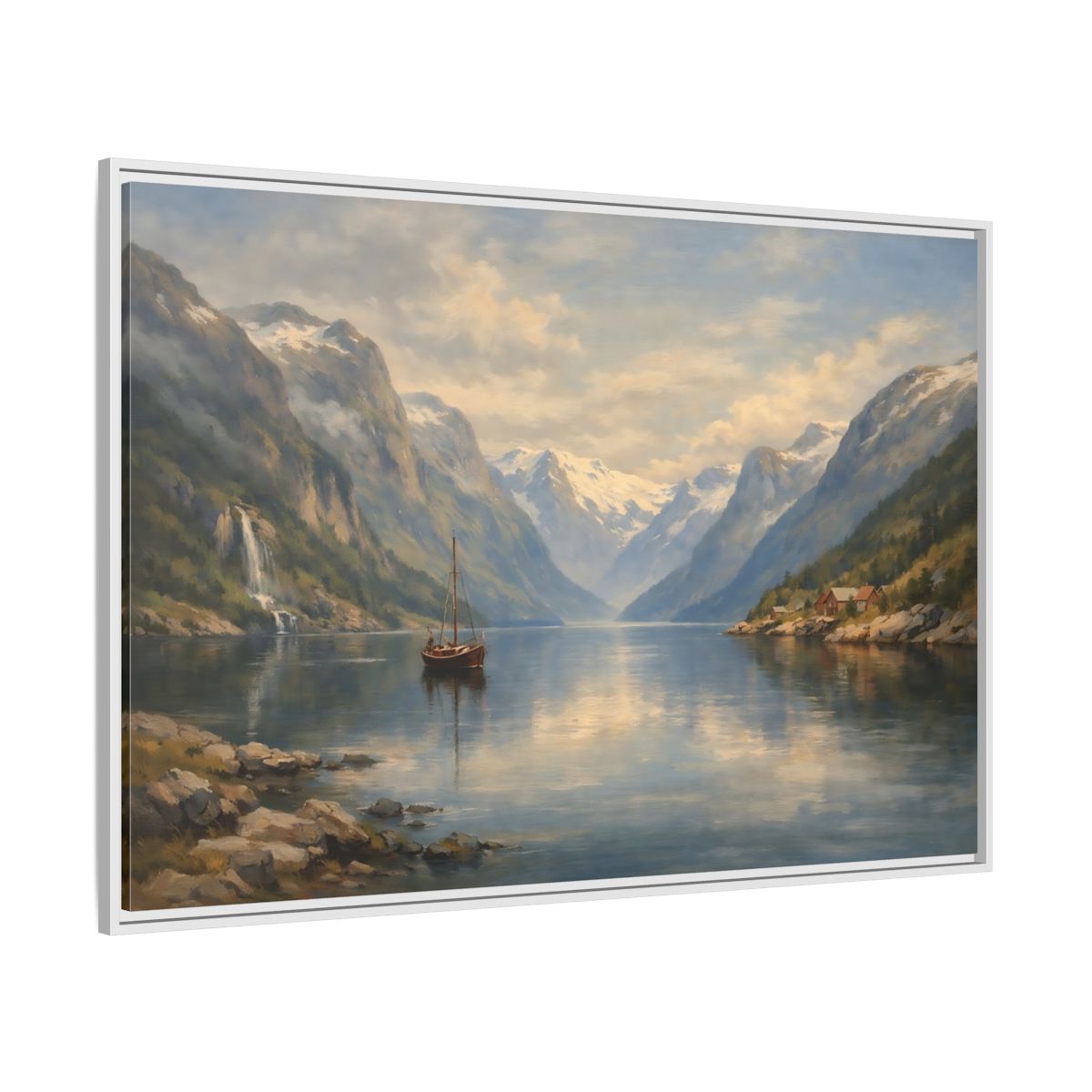 Side Mockup 7. Nature Fjord Landscape Fjord Landscape Blue shown as stretched canvas wall art