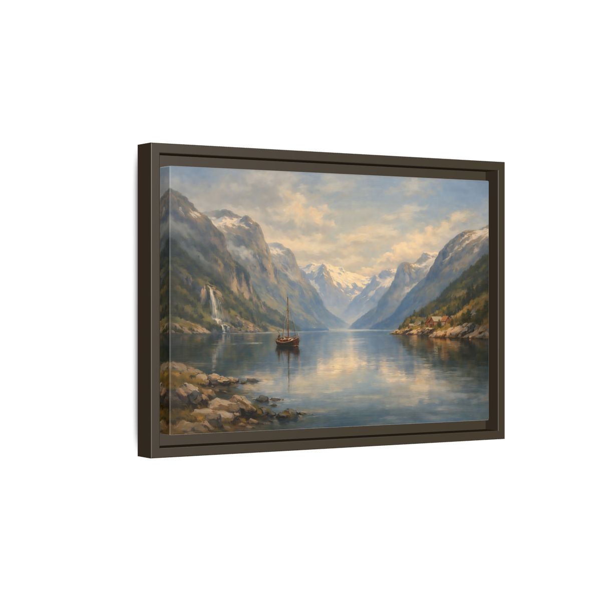 Side Mockup 5. Nature Fjord Landscape Fjord Landscape Blue shown as stretched canvas wall art