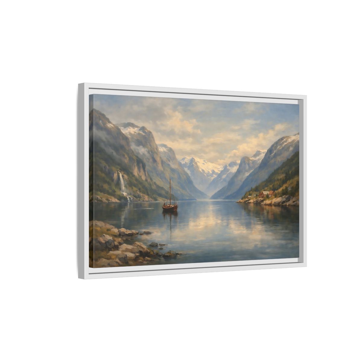 Side Mockup 1. Nature Fjord Landscape Fjord Landscape Blue shown as stretched canvas wall art
