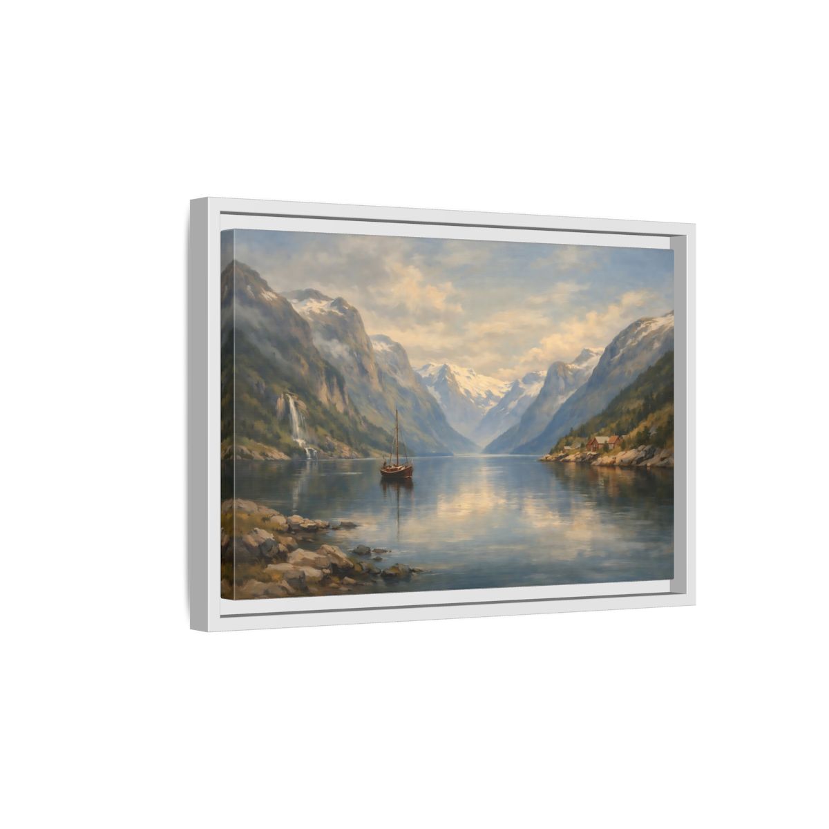Side Mockup 4. Nature Fjord Landscape Fjord Landscape Blue shown as stretched canvas wall art