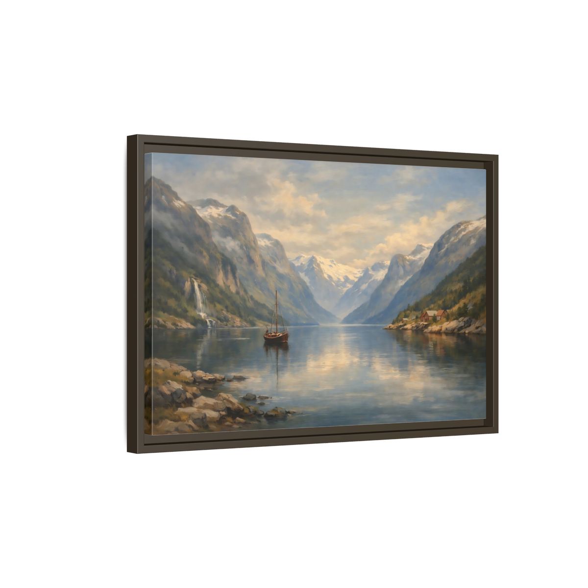Side Mockup 2. Nature Fjord Landscape Fjord Landscape Blue shown as stretched canvas wall art