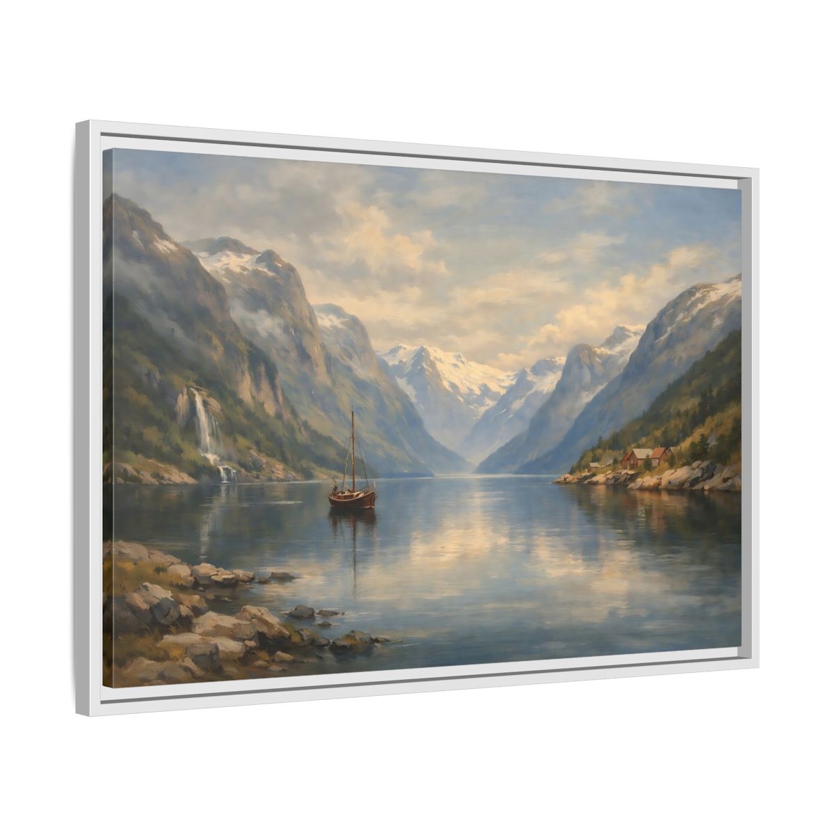 Side Mockup 10. Nature Fjord Landscape Fjord Landscape Blue shown as stretched canvas wall art