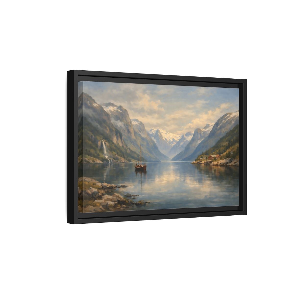 Side Mockup 6. Nature Fjord Landscape Fjord Landscape Blue shown as stretched canvas wall art