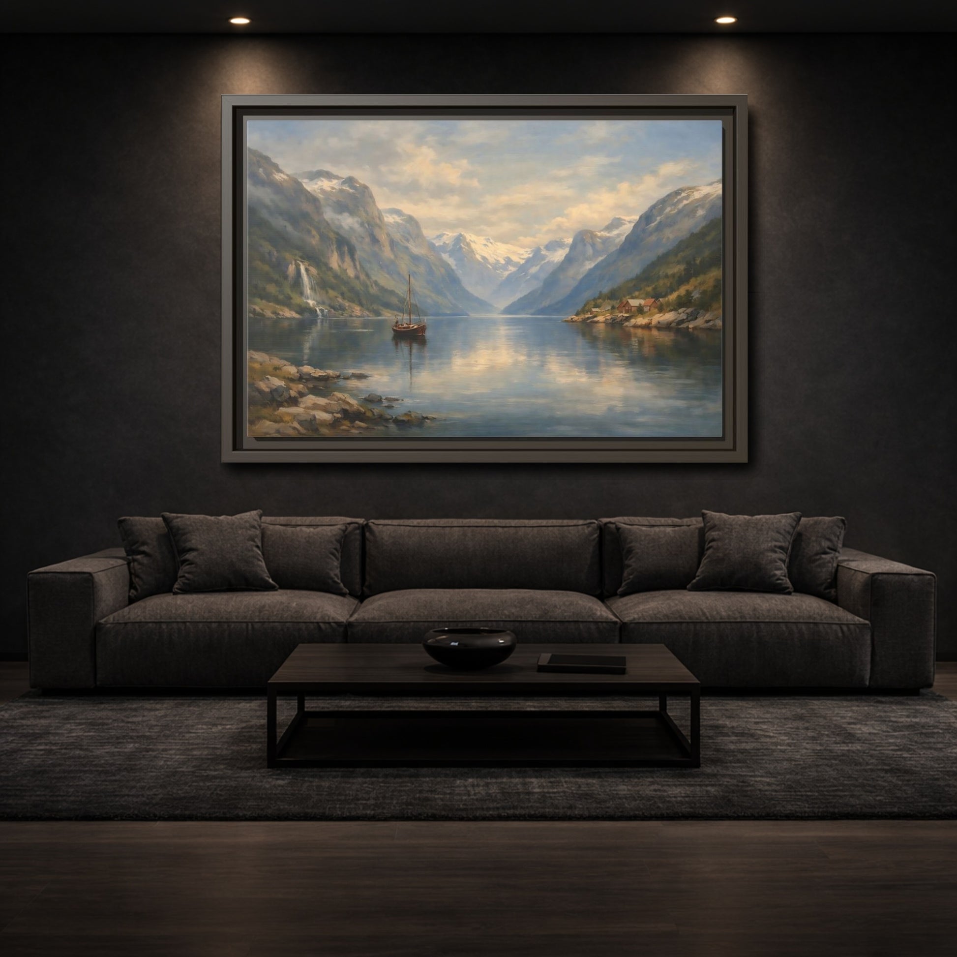 Mockup 2. Nature Fjord Landscape Fjord Landscape Blue shown as stretched canvas wall art