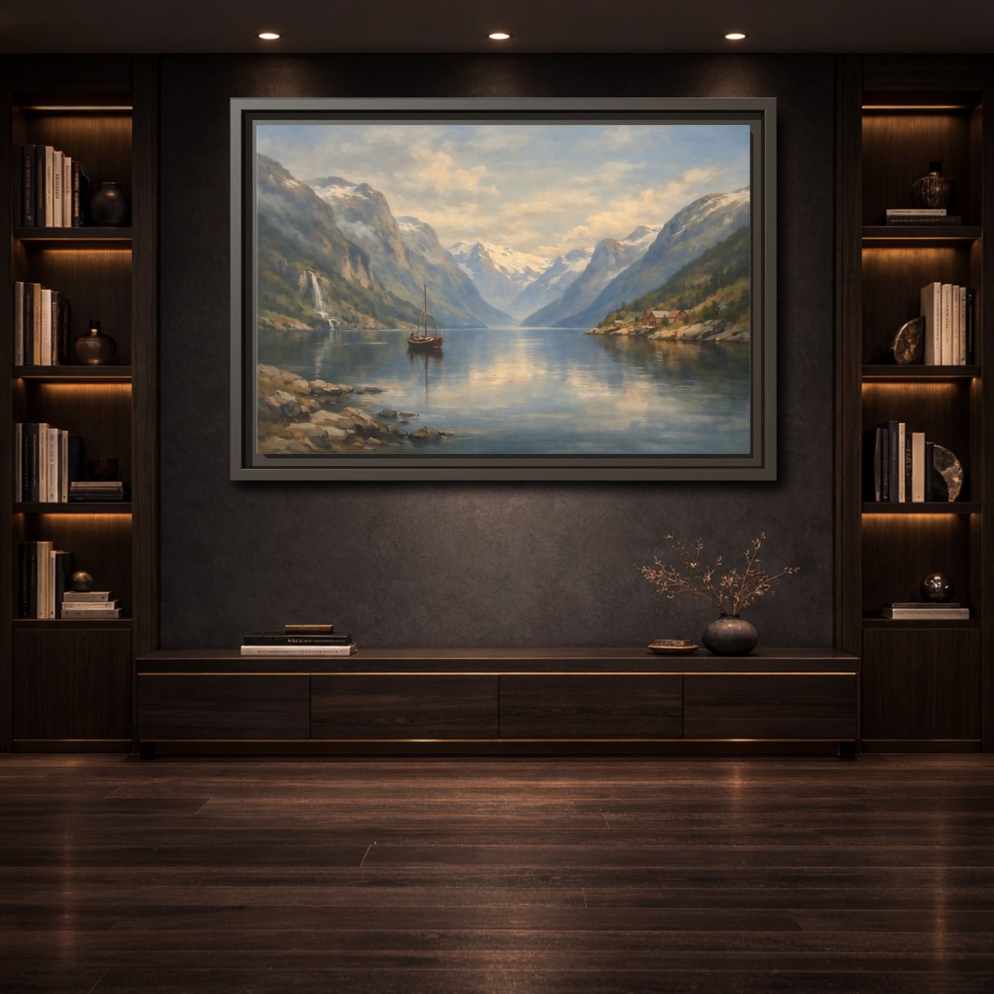 Mockup 3. Nature Fjord Landscape Fjord Landscape Blue shown as stretched canvas wall art