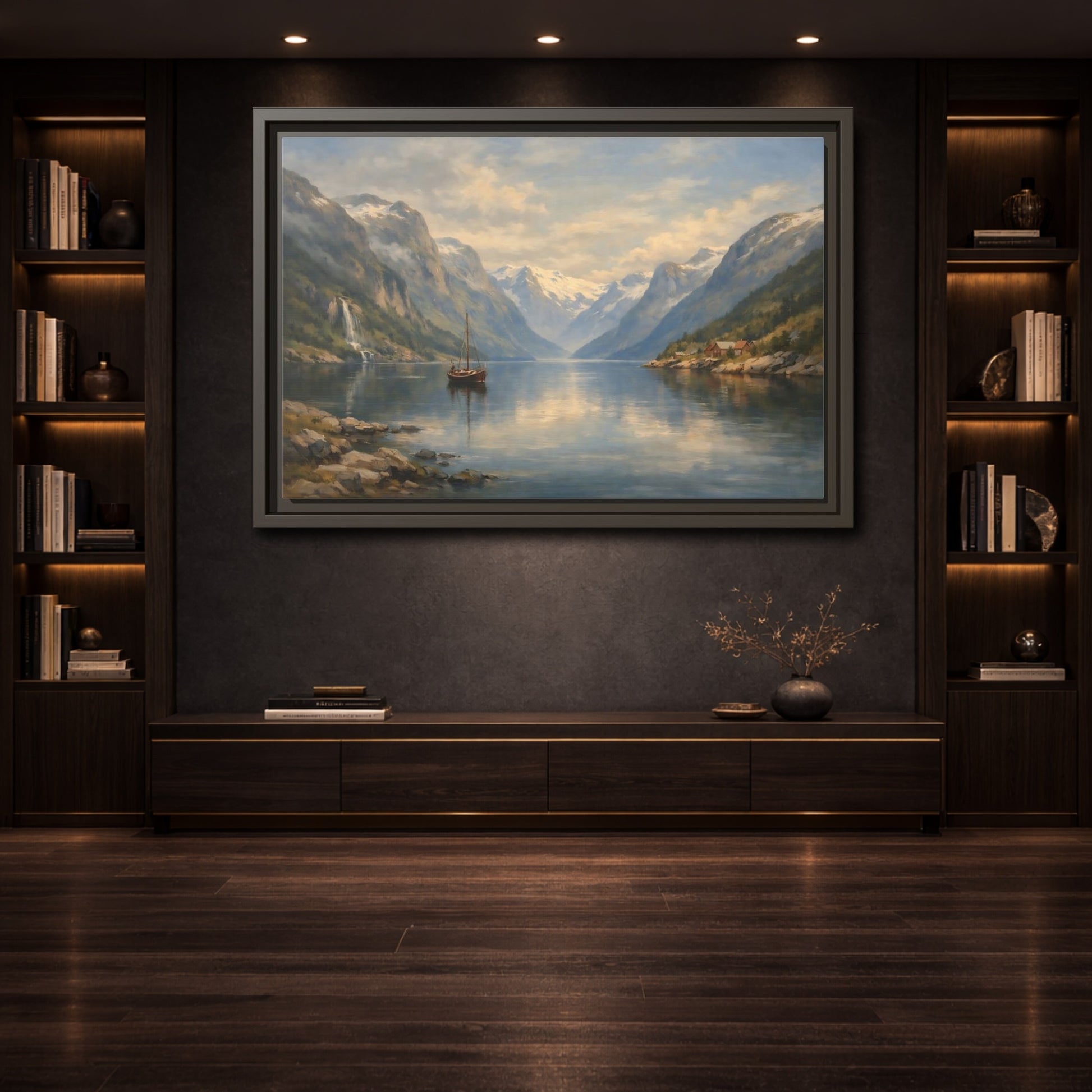 Mockup 3. Nature Fjord Landscape Fjord Landscape Blue shown as stretched canvas wall art