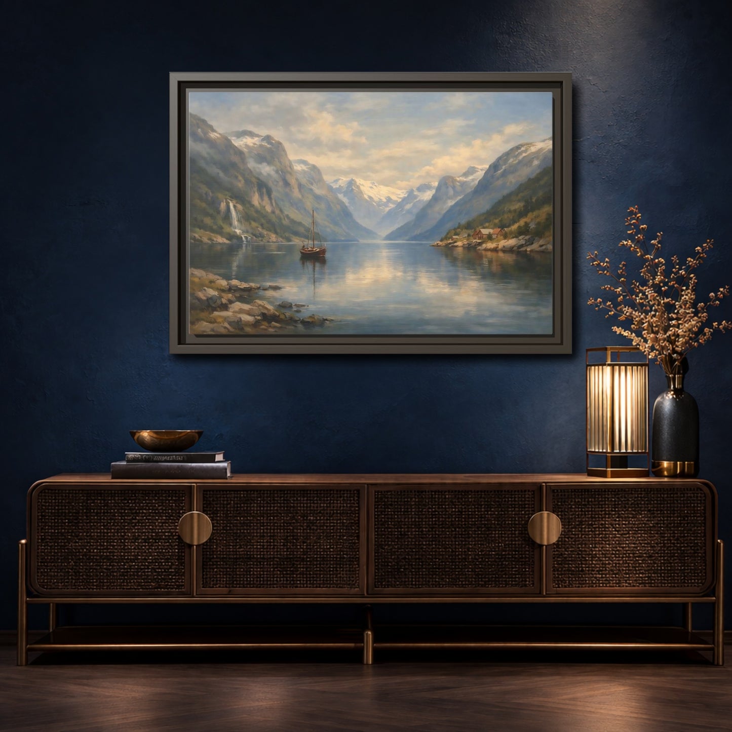 Mockup 4. Nature Fjord Landscape Fjord Landscape Blue shown as stretched canvas wall art