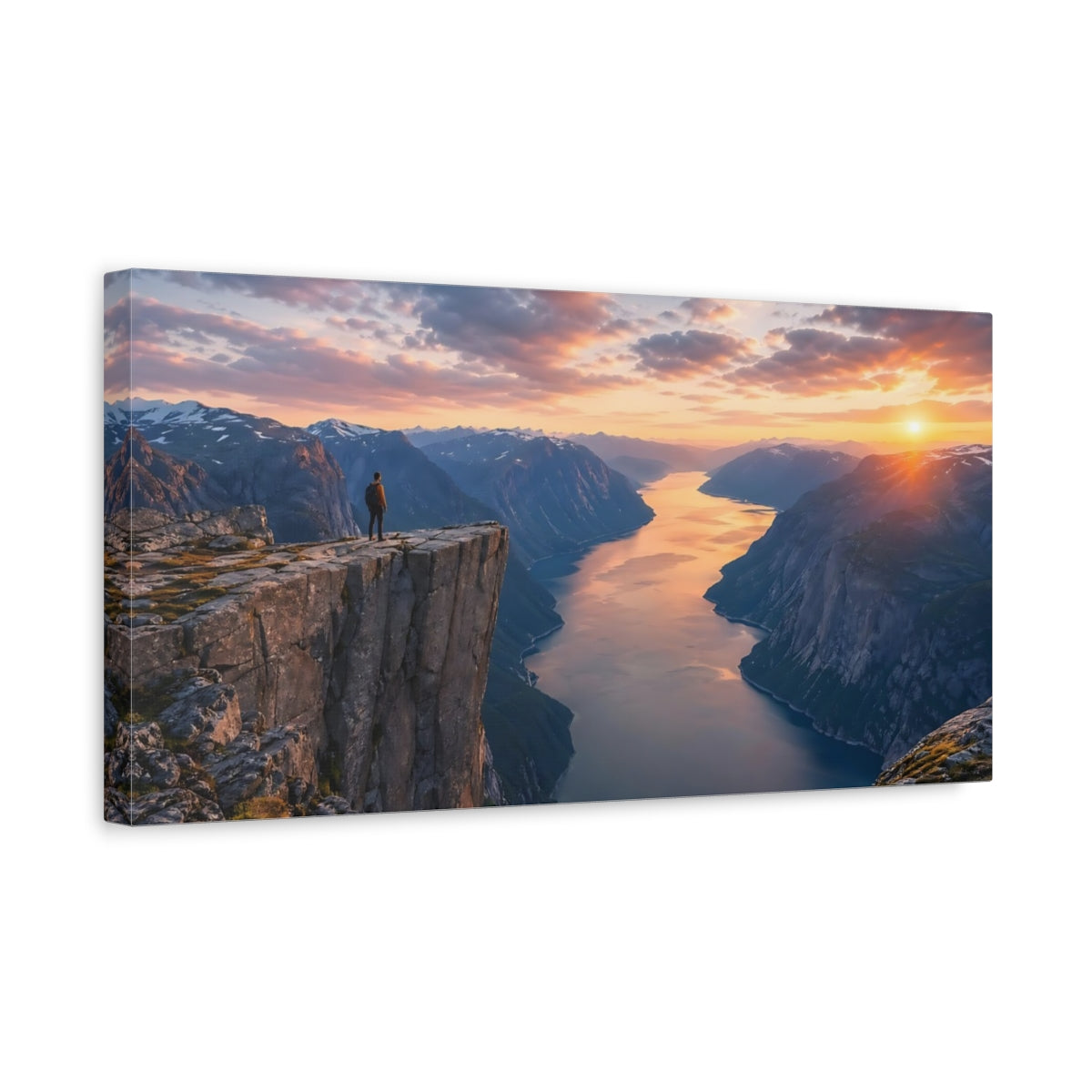Side Mockup 3. Nature Fjord Landscape Orange And Blue Landscape shown as stretched canvas wall art