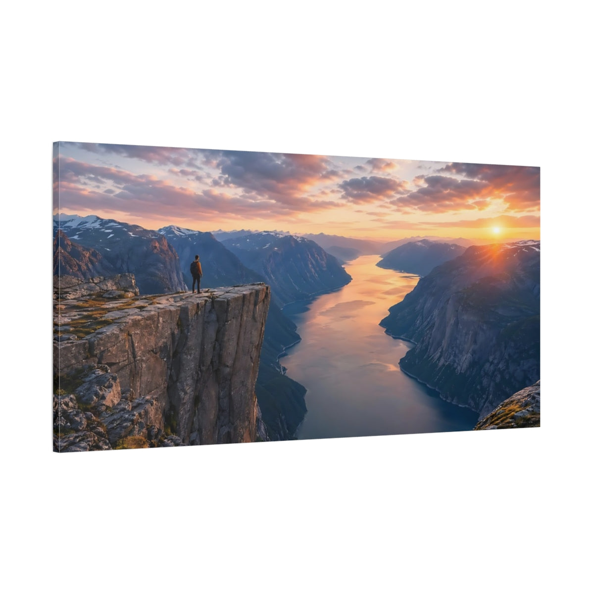 Side Mockup 2. Nature Fjord Landscape Orange And Blue Landscape shown as stretched canvas wall art