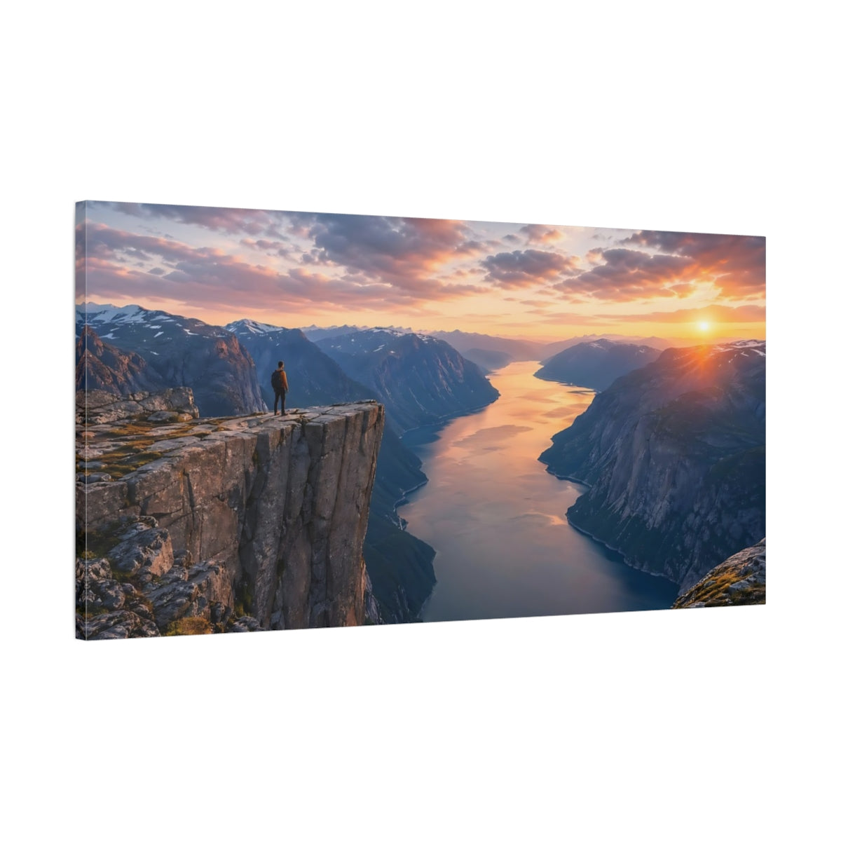 Main Mockup. Nature Fjord Landscape Orange And Blue Landscape shown as stretched canvas wall art