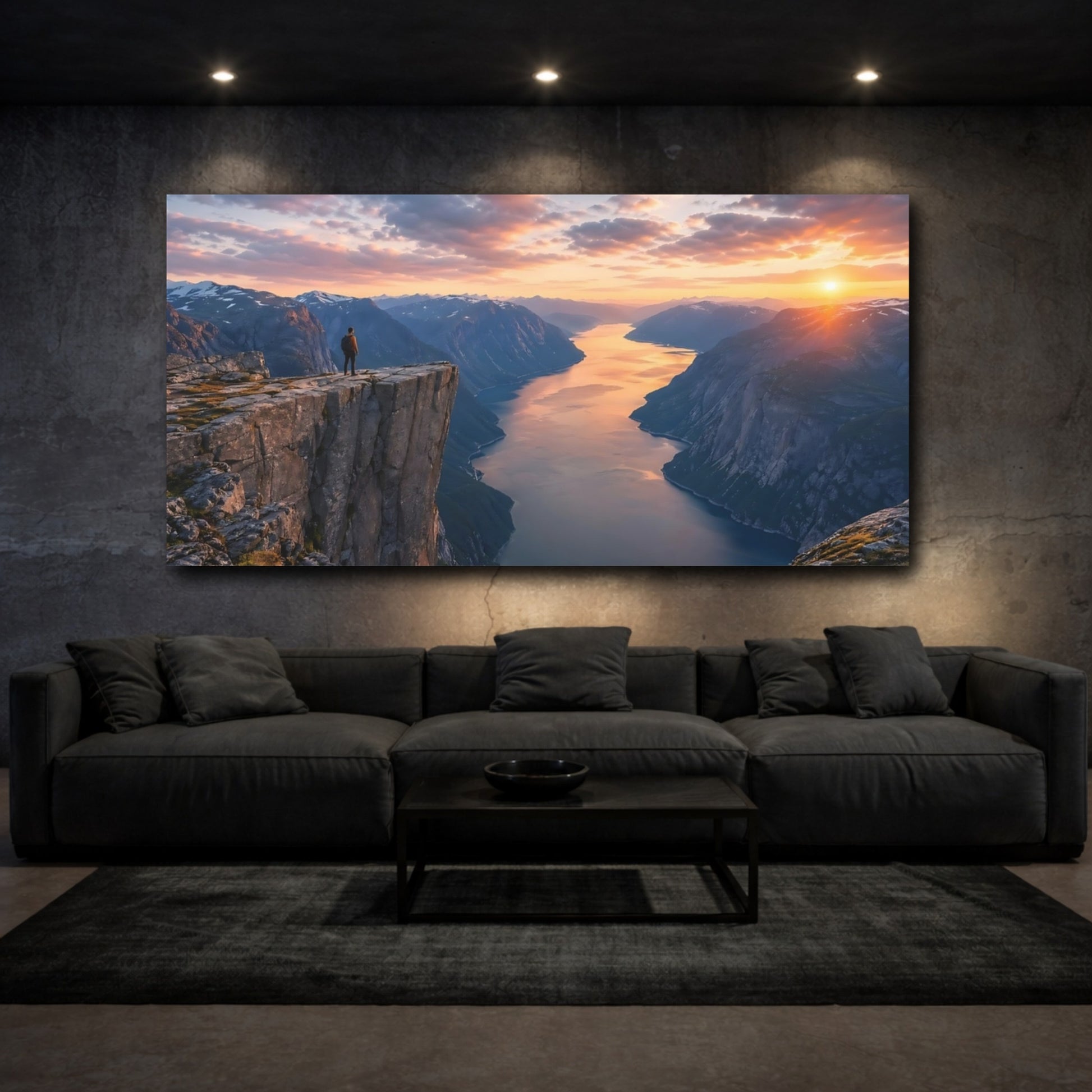 Mockup 2. Nature Fjord Landscape Orange And Blue Landscape shown as stretched canvas wall art