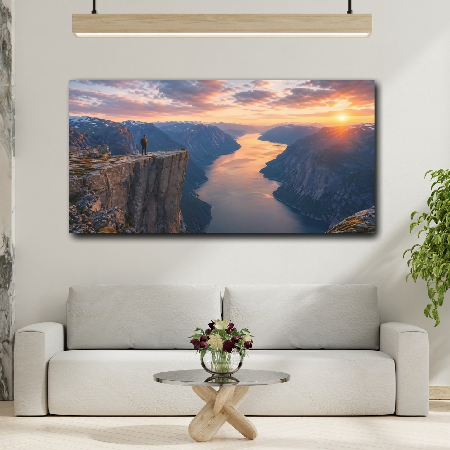 Mockup 3. Nature Fjord Landscape Orange And Blue Landscape shown as stretched canvas wall art
