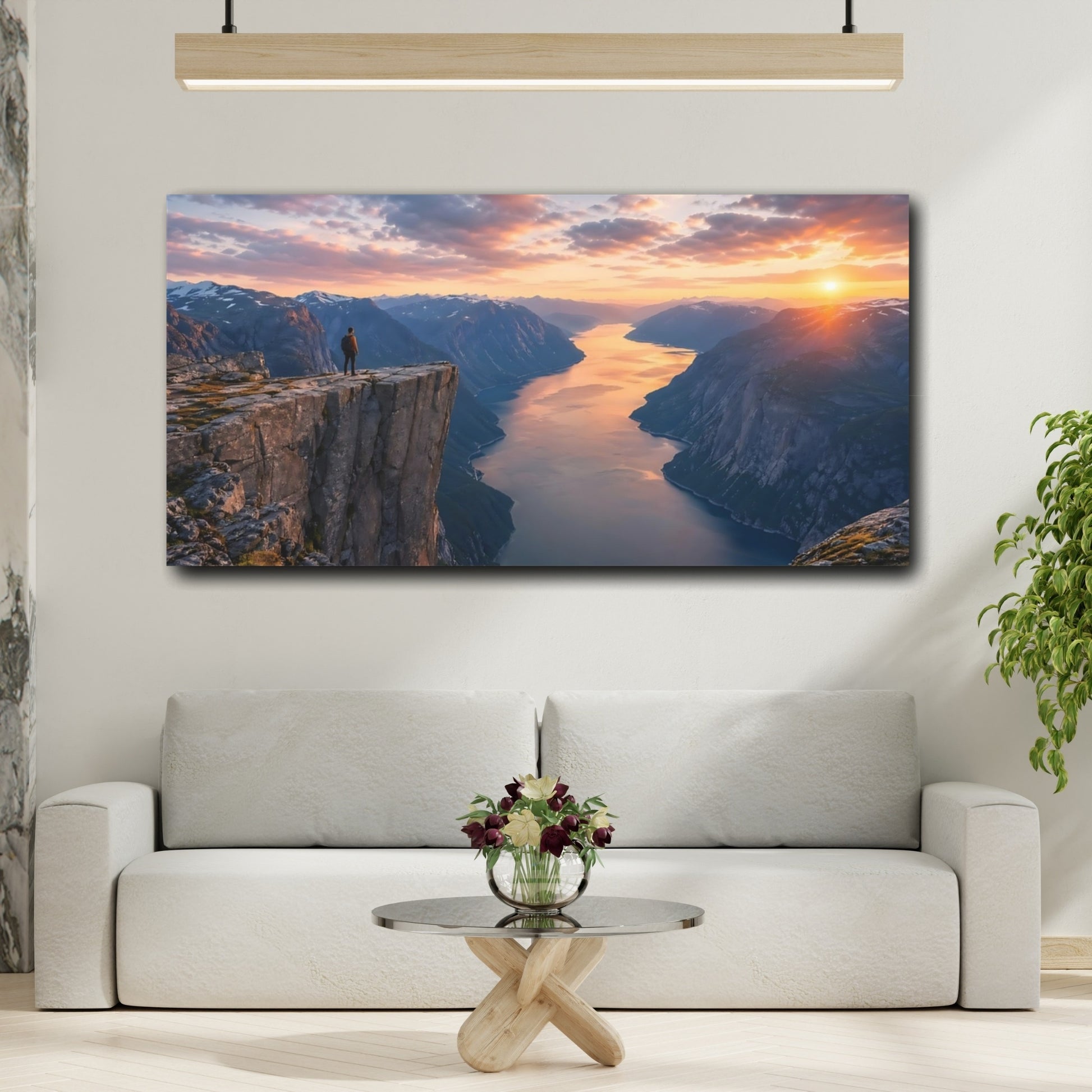 Mockup 3. Nature Fjord Landscape Orange And Blue Landscape shown as stretched canvas wall art