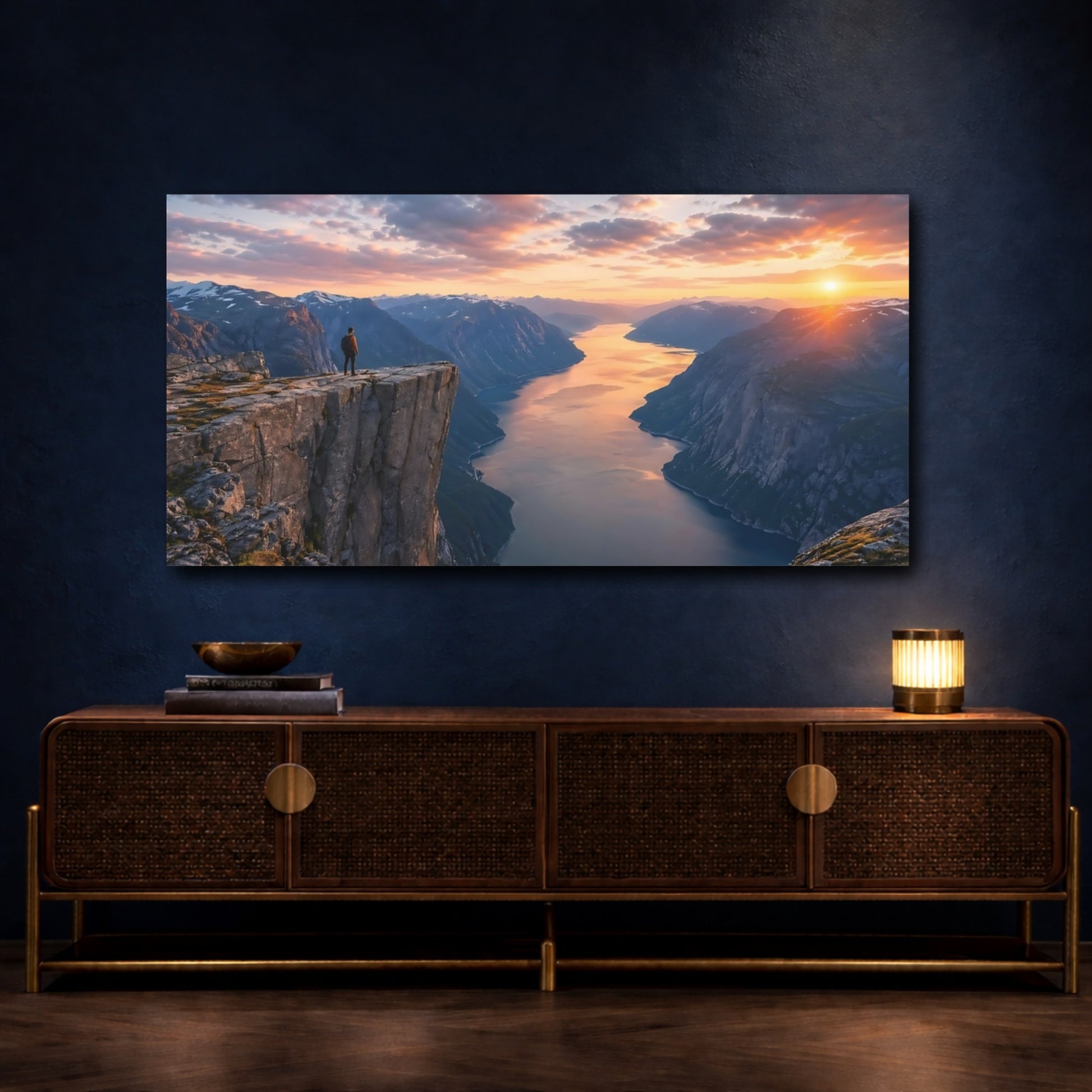 Mockup 4. Nature Fjord Landscape Orange And Blue Landscape shown as stretched canvas wall art