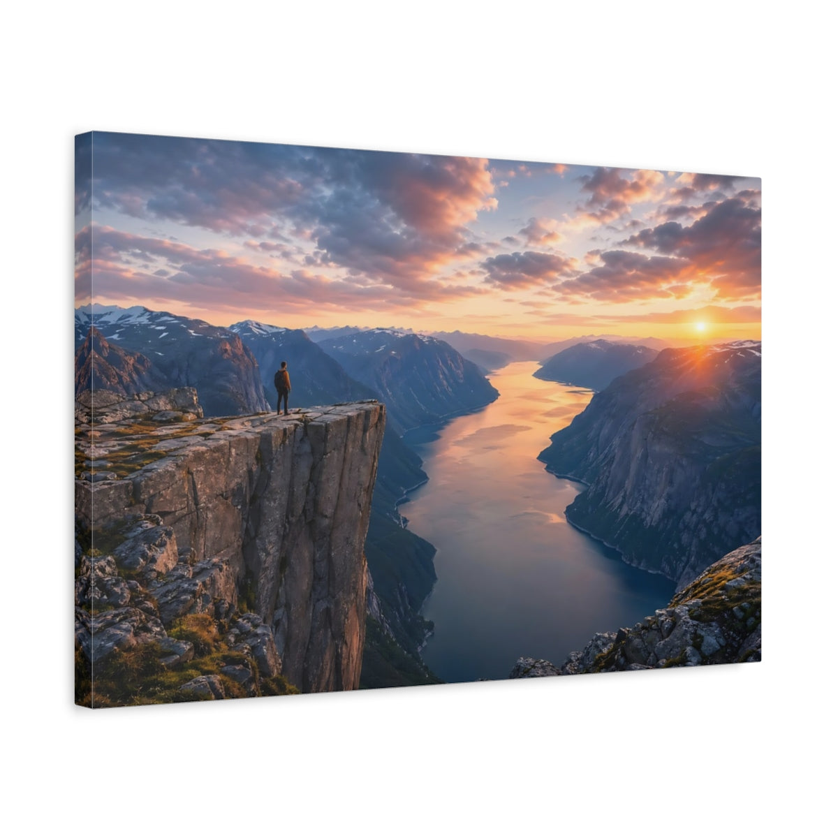 Side Mockup 3. Nature Fjord Landscape Sunset Fjord shown as stretched canvas wall art