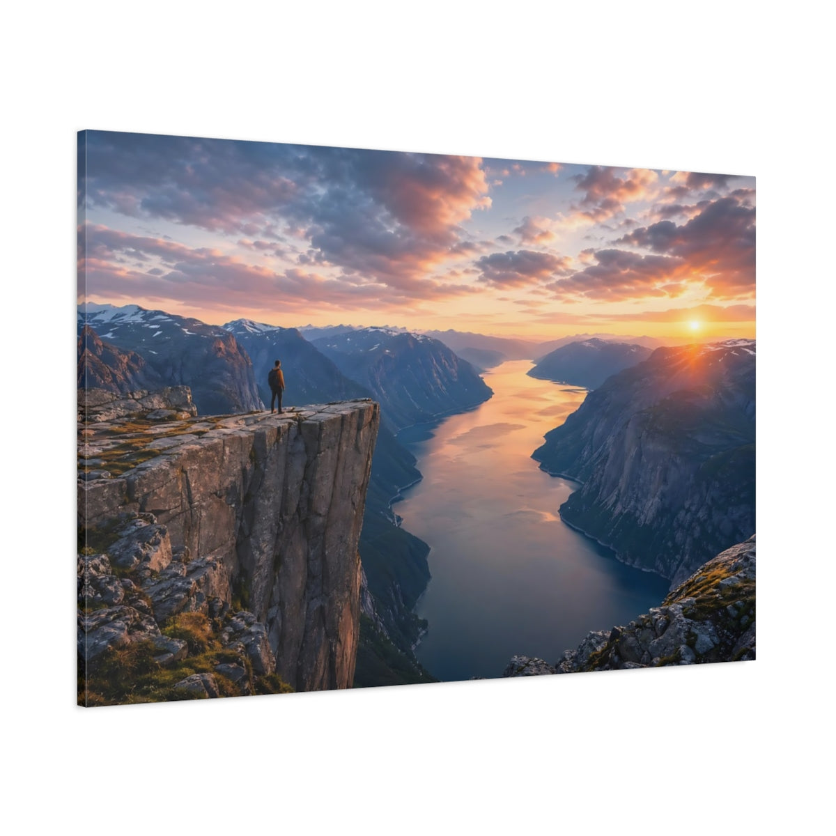 Side Mockup 1. Nature Fjord Landscape Sunset Fjord shown as stretched canvas wall art