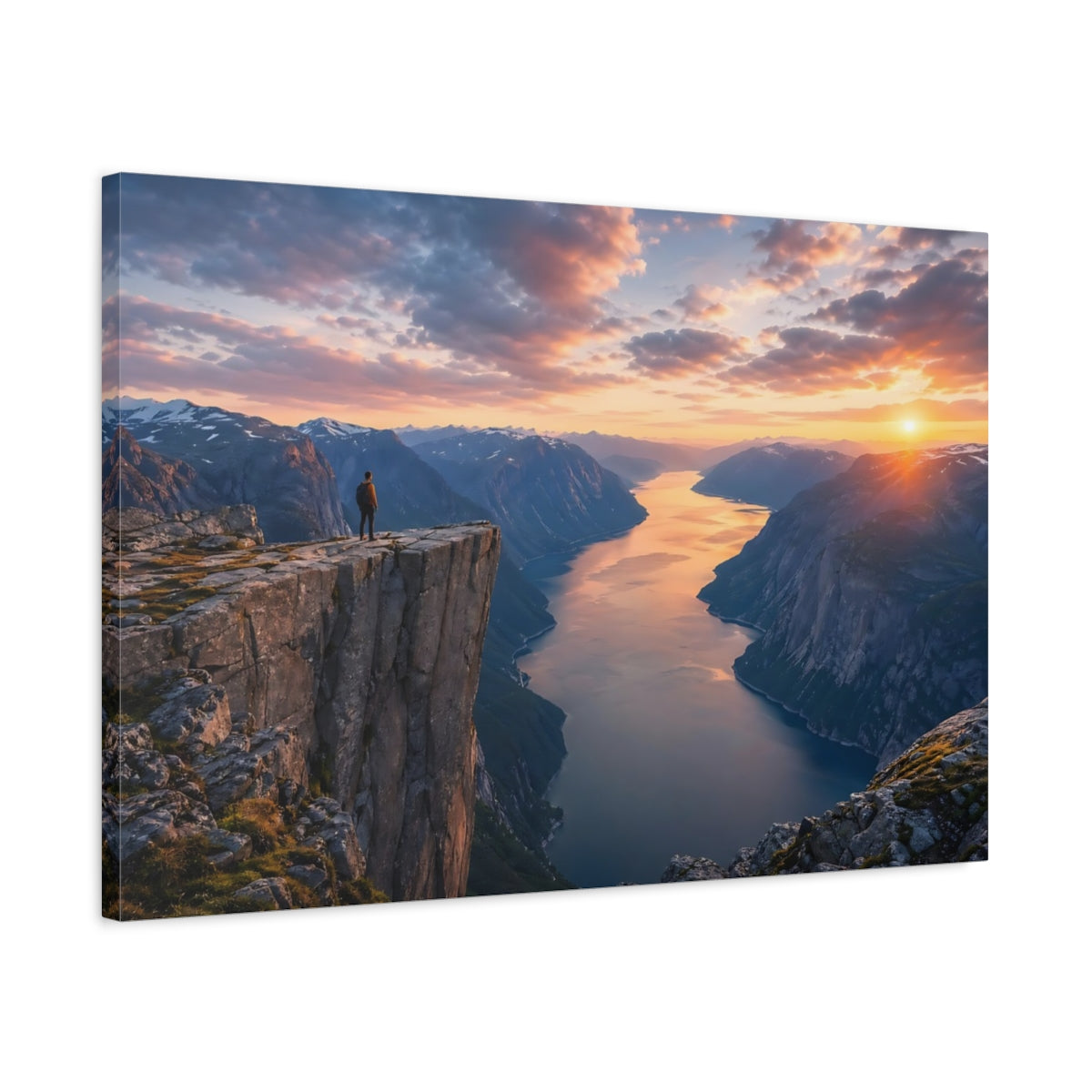 Side Mockup 2. Nature Fjord Landscape Sunset Fjord shown as stretched canvas wall art