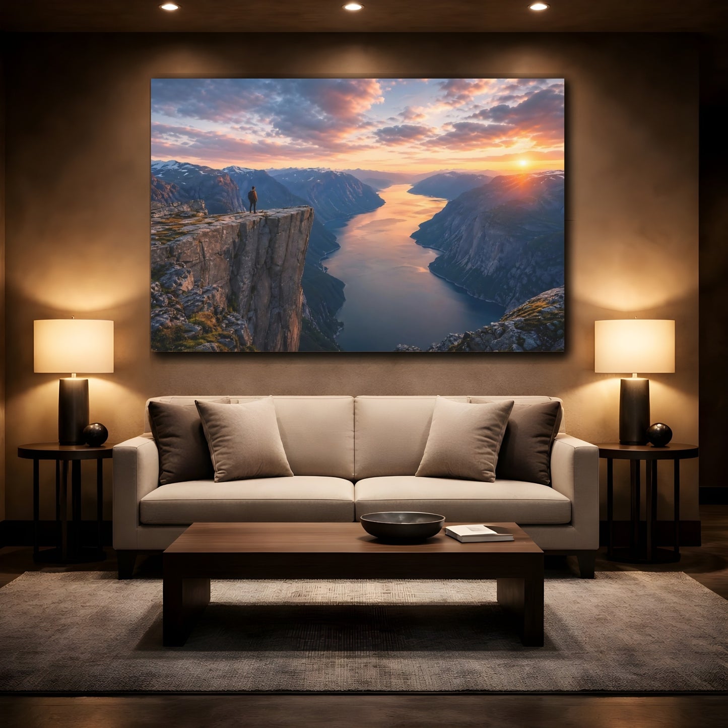 Mockup 2. Nature Fjord Landscape Sunset Fjord shown as stretched canvas wall art