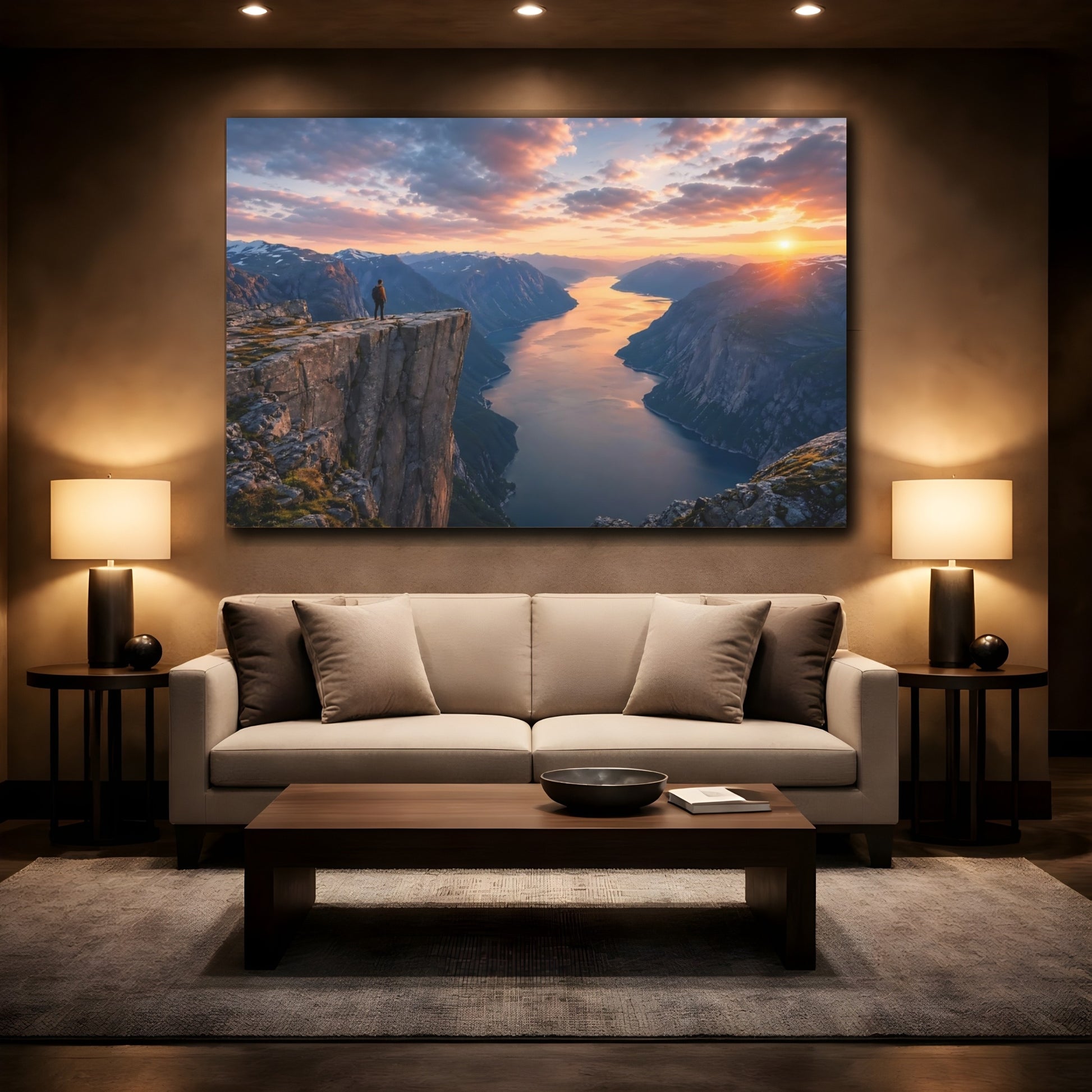 Mockup 2. Nature Fjord Landscape Sunset Fjord shown as stretched canvas wall art