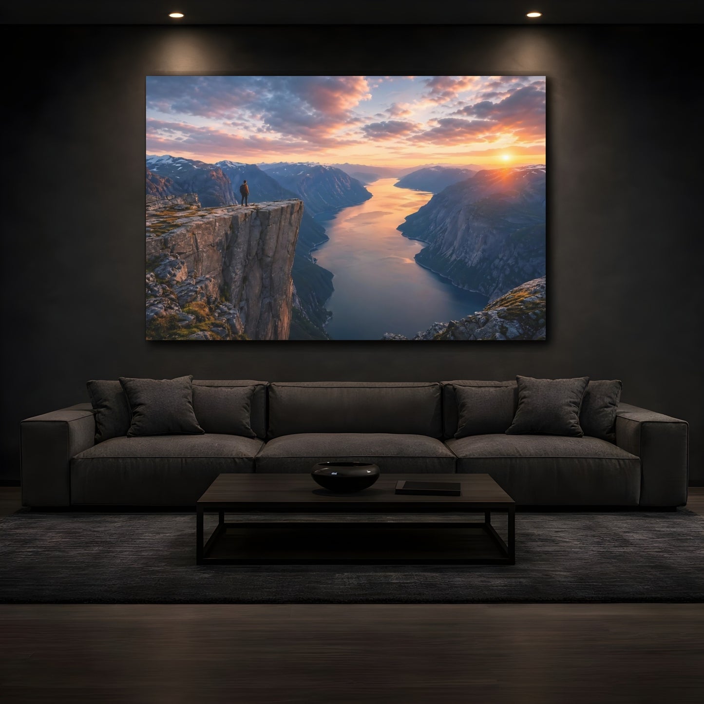Mockup 3. Nature Fjord Landscape Sunset Fjord shown as stretched canvas wall art