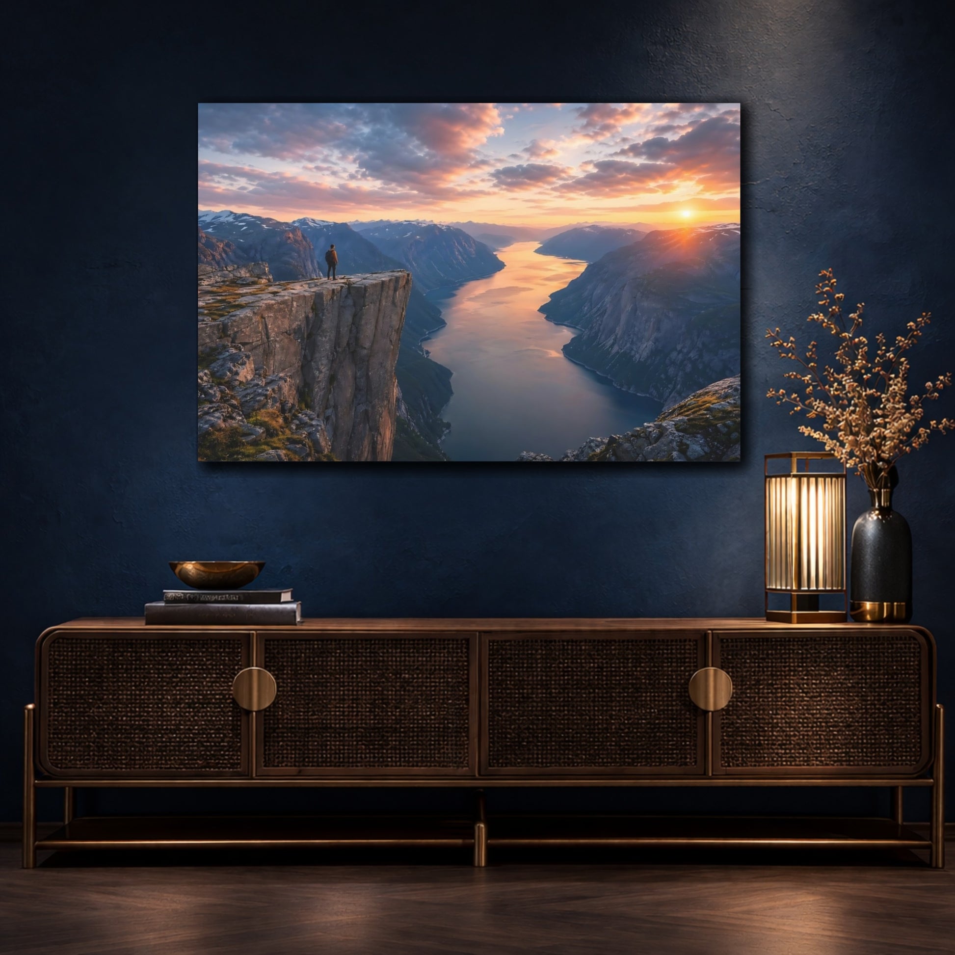 Mockup 4. Nature Fjord Landscape Sunset Fjord shown as stretched canvas wall art