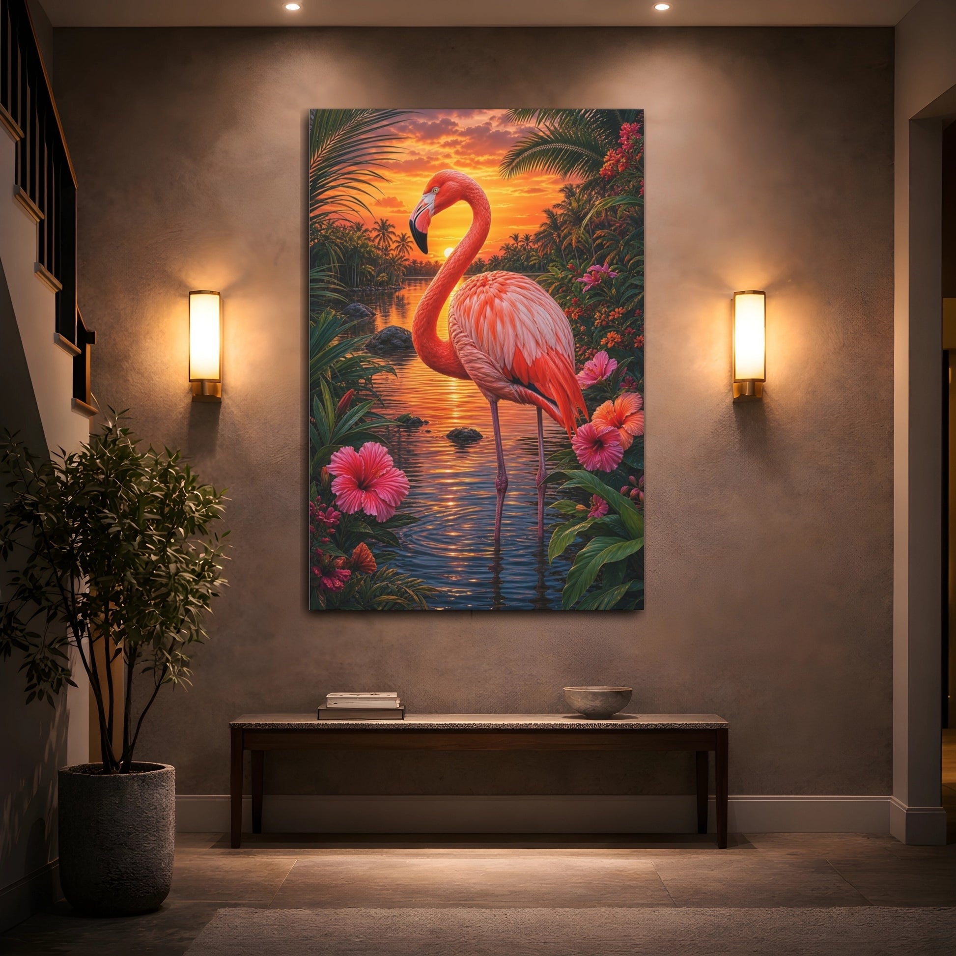 Mockup 2. Nature Flamingo Pink And Orange shown as stretched canvas wall art