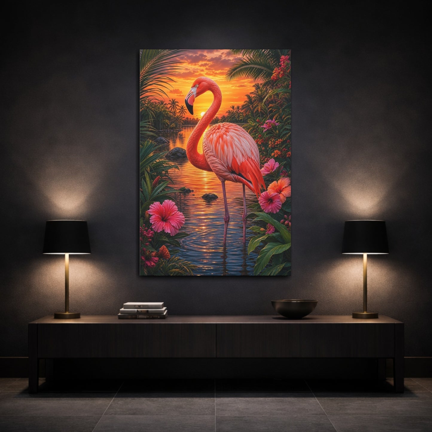 Mockup 3. Nature Flamingo Pink And Orange shown as stretched canvas wall art