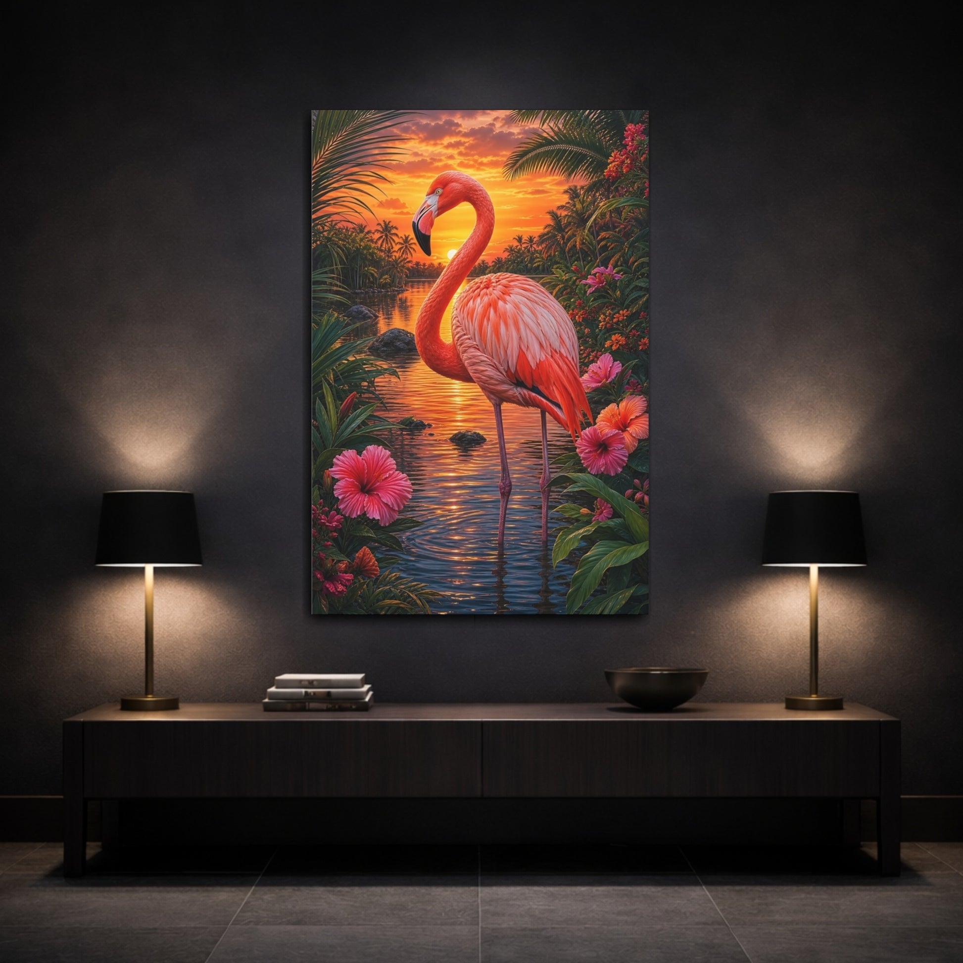 Mockup 3. Nature Flamingo Pink And Orange shown as stretched canvas wall art