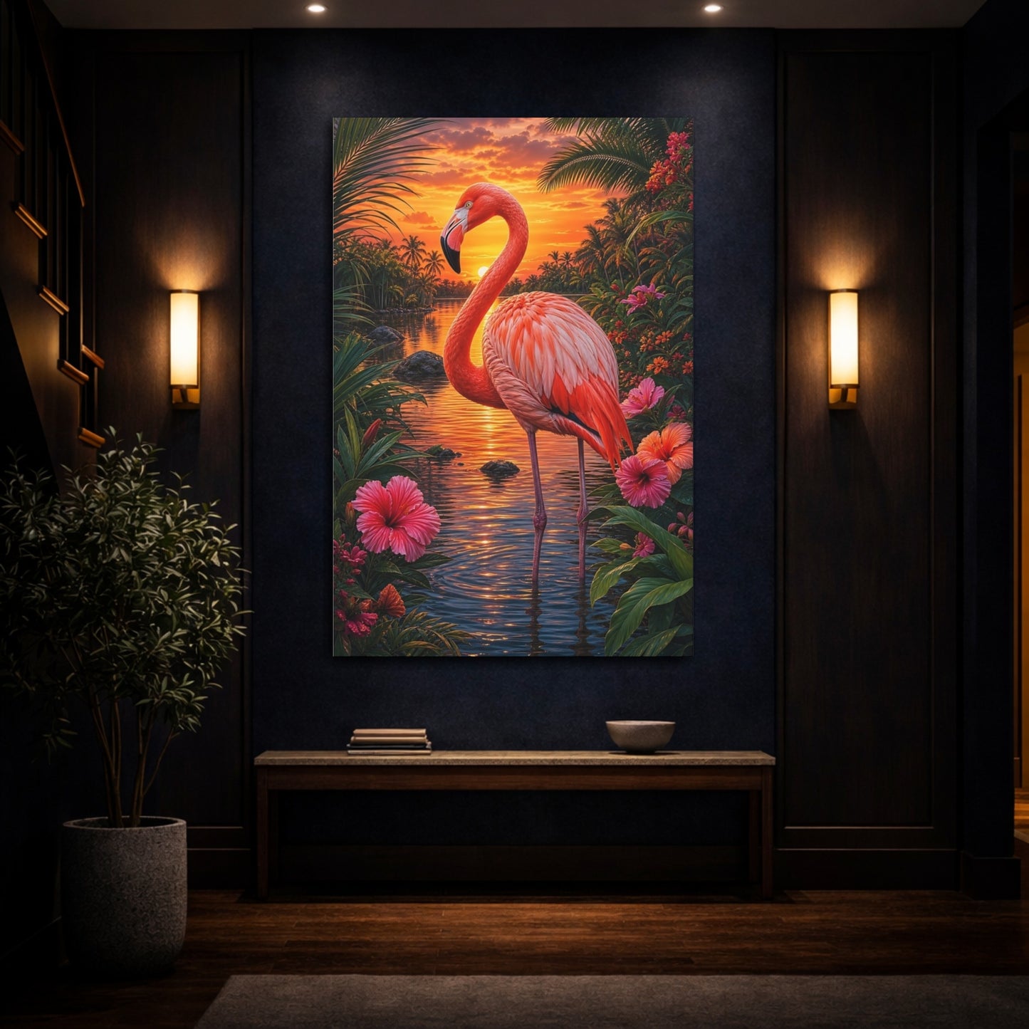 Mockup 4. Nature Flamingo Pink And Orange shown as stretched canvas wall art