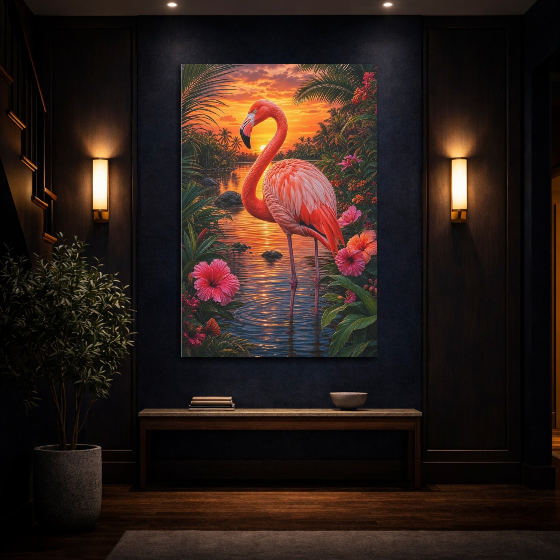 Mockup 4. Nature Flamingo Pink And Orange shown as stretched canvas wall art
